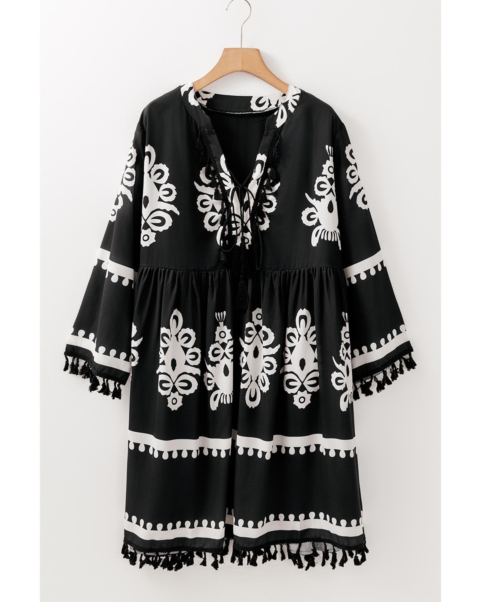 Black Plus Size Western Floral Print Fringed V Neck Dress - 3X 7