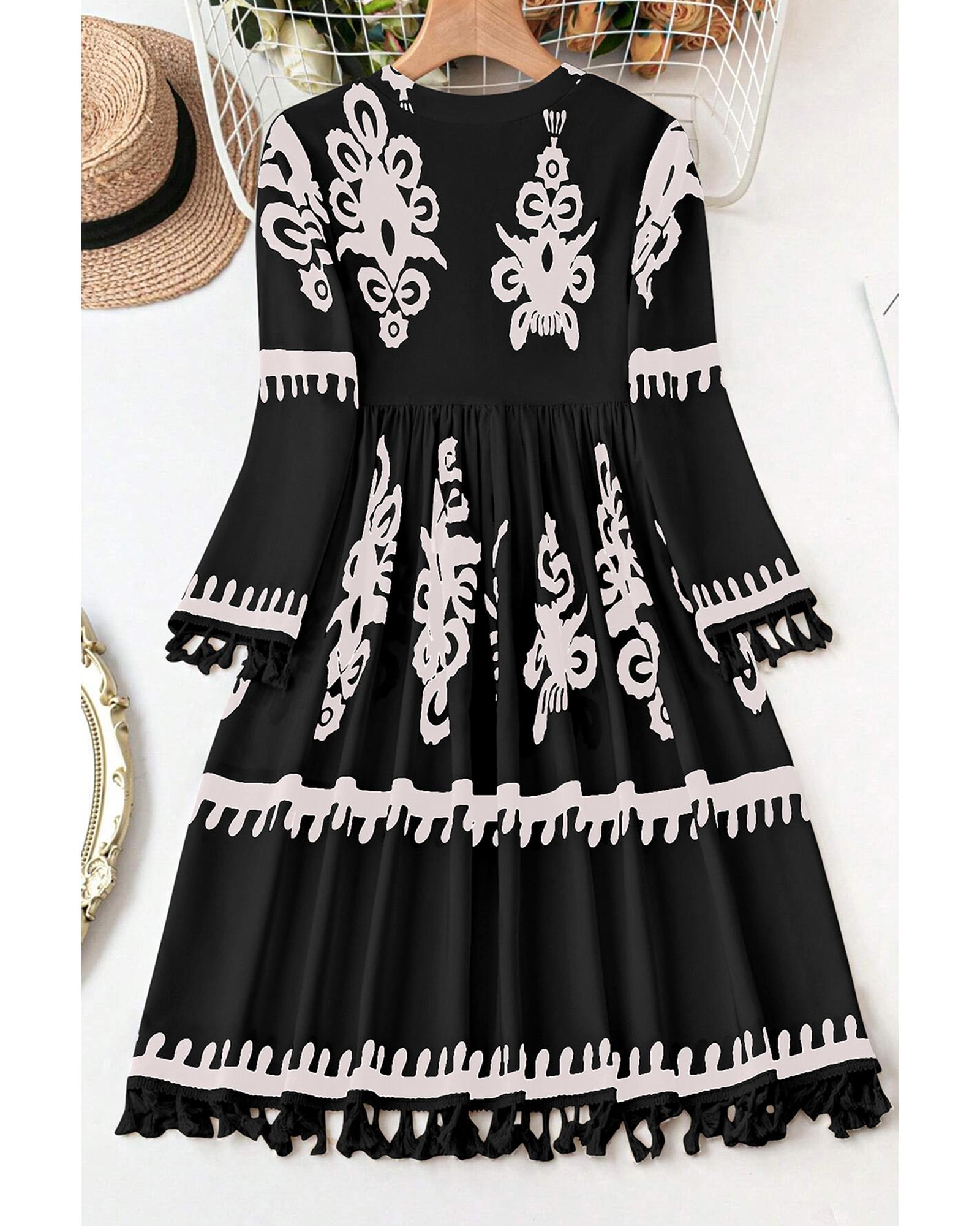 Black Plus Size Western Floral Print Fringed V Neck Dress - 4X