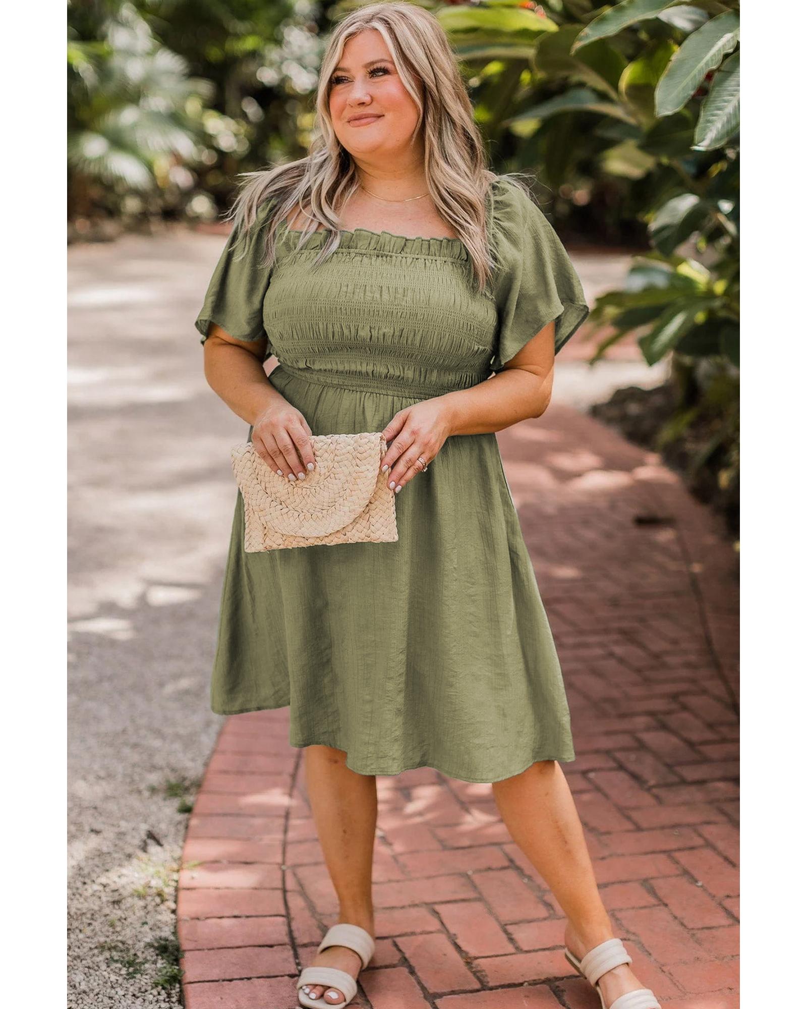 Grass Green Frilly Square Neck Flutter Sleeve Smocked High Waist Plus Size Dress - 1X 3
