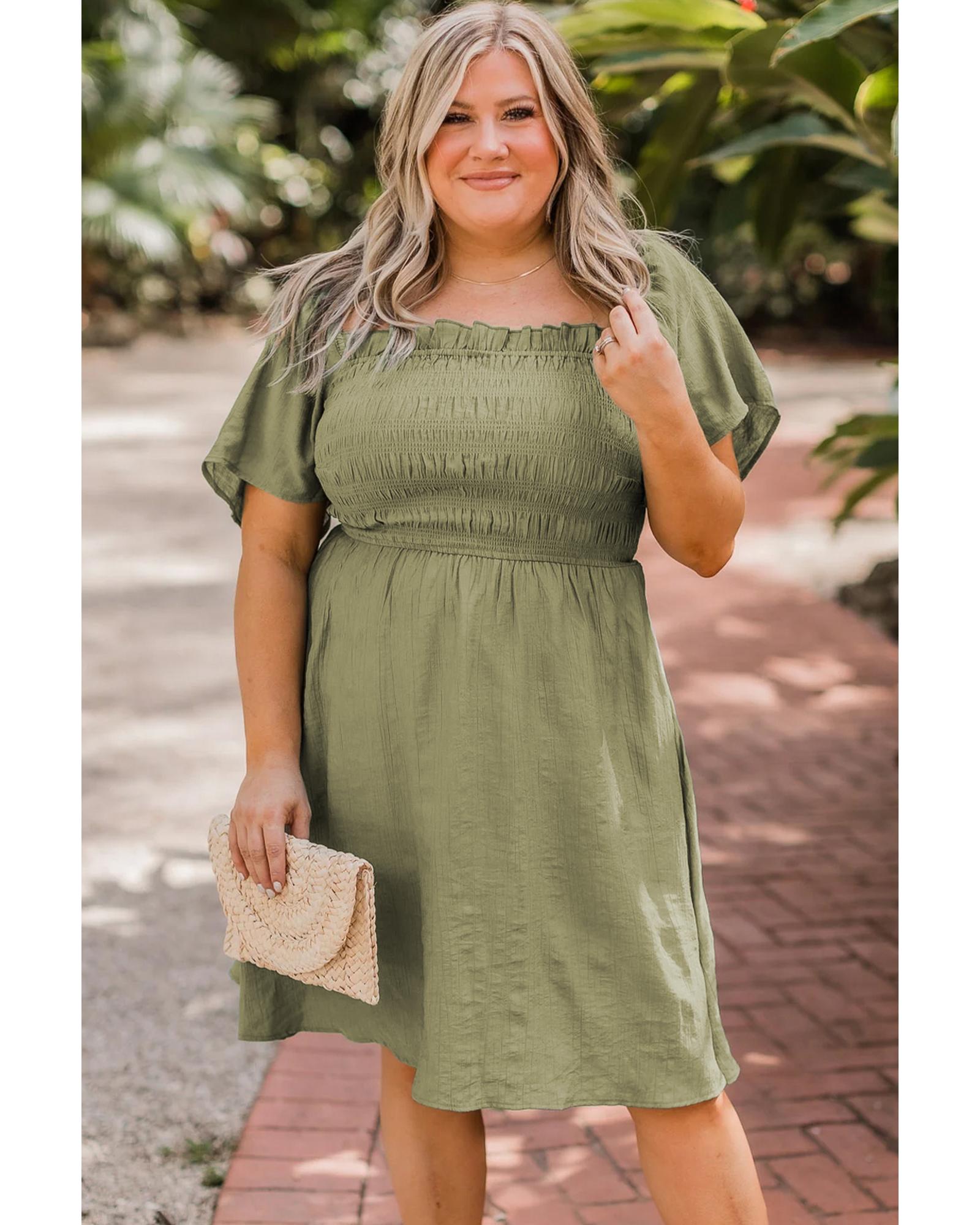 Grass Green Frilly Square Neck Flutter Sleeve Smocked High Waist Plus Size Dress - 1X 4