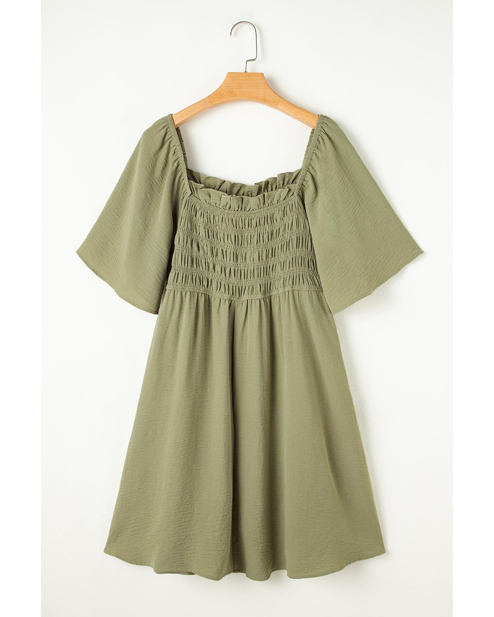 Grass Green Frilly Square Neck Flutter Sleeve Smocked High Waist Plus Size Dress - 1X 6