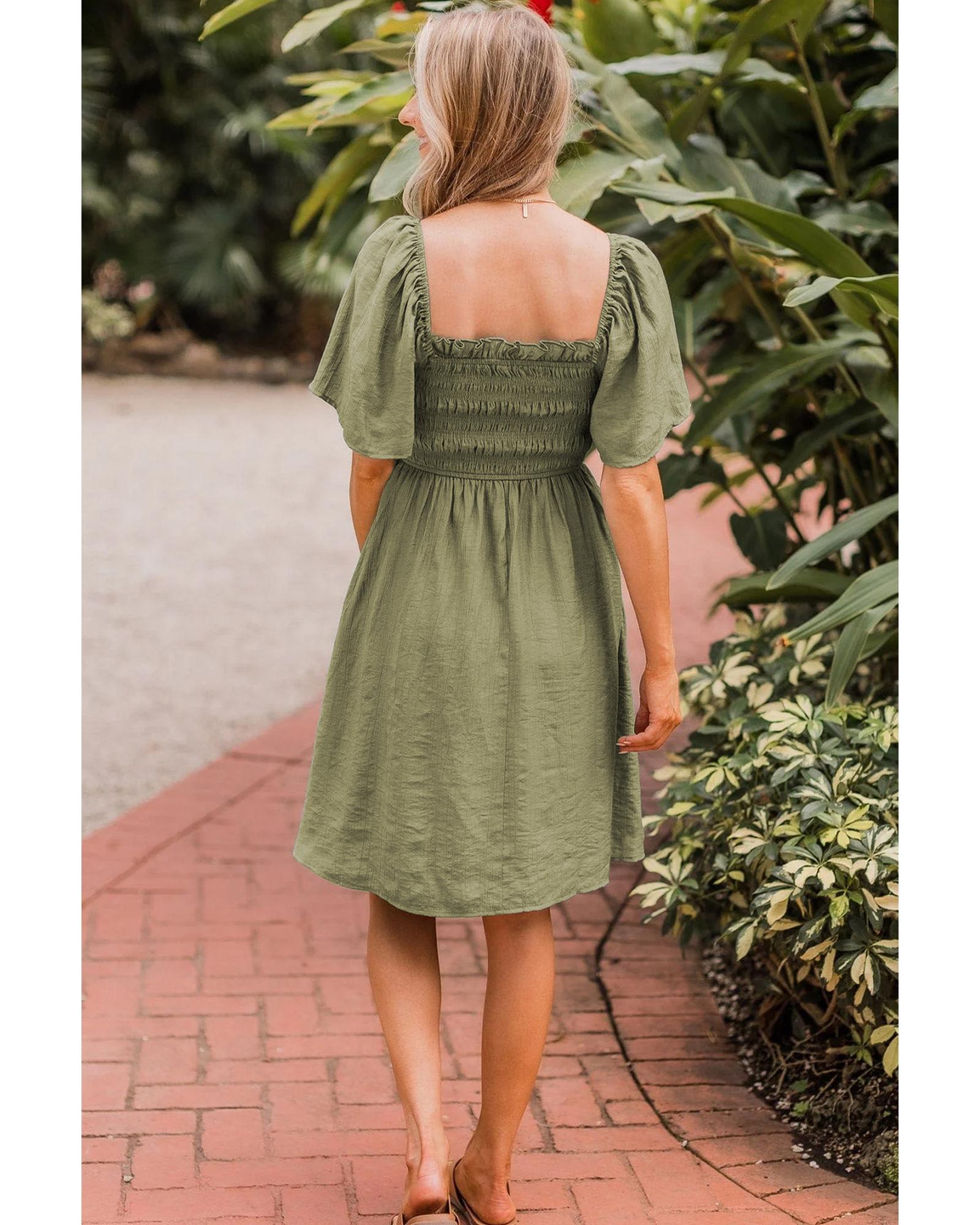 Grass Green Frilly Square Neck Flutter Sleeve Smocked High Waist Plus Size Dress - 2X