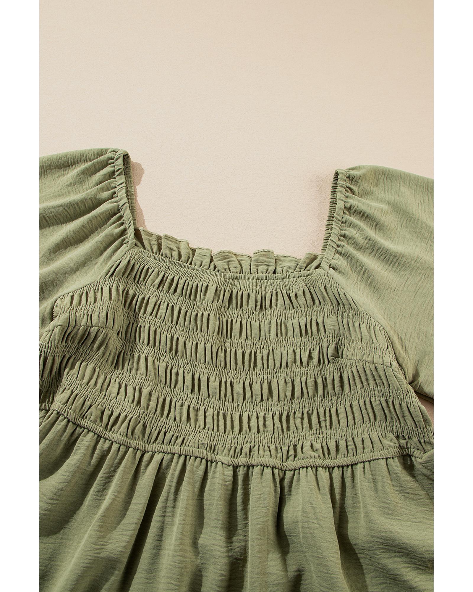Grass Green Frilly Square Neck Flutter Sleeve Smocked High Waist Plus Size Dress - 2X 6