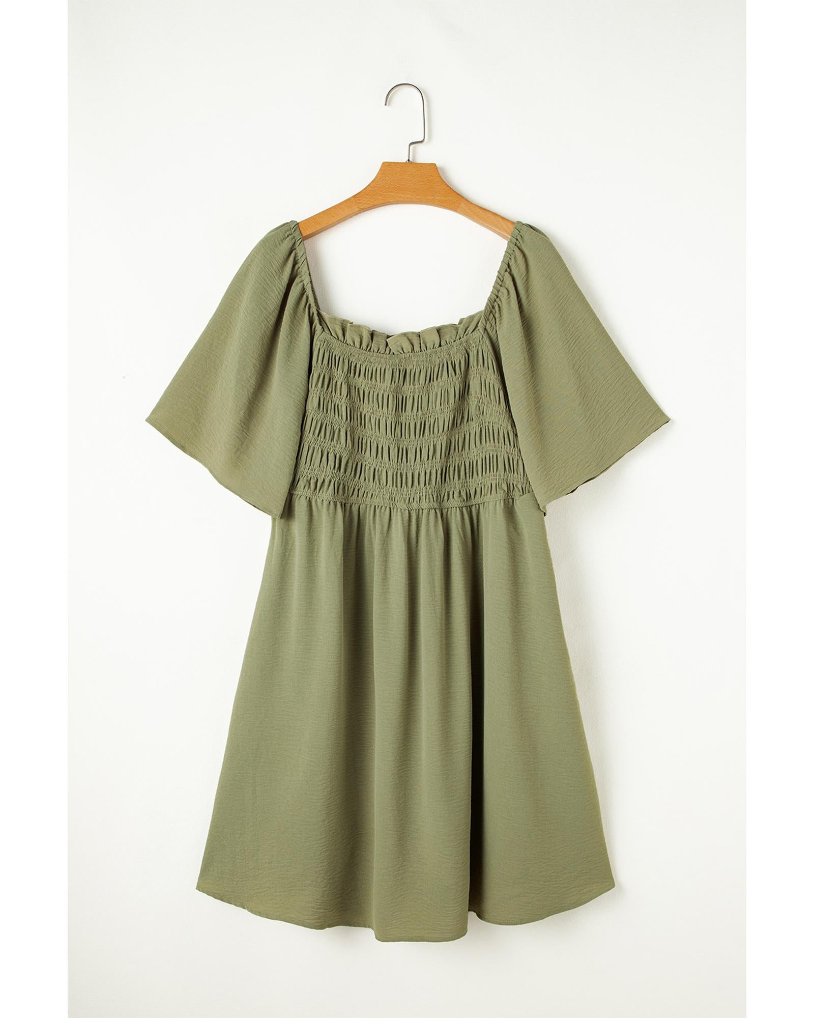 Grass Green Frilly Square Neck Flutter Sleeve Smocked High Waist Plus Size Dress - 3X 5