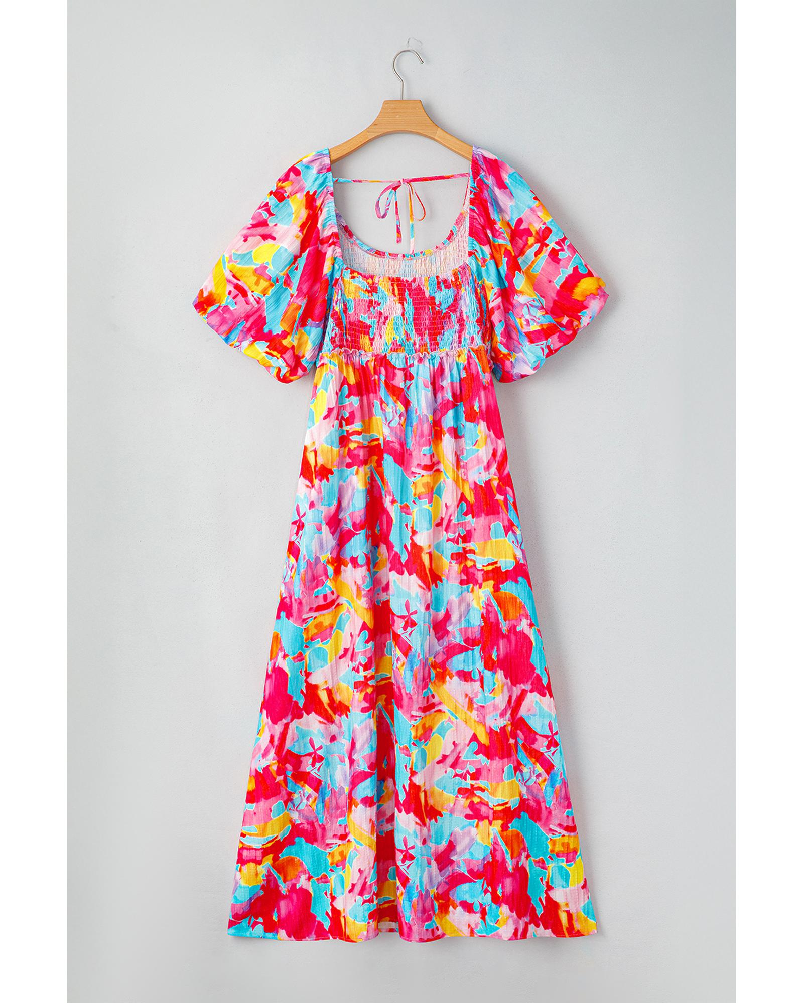 Rose Abstract Printed Puff Sleeve Square Neck Smocked Bust Tied Back Plus Size Dress - 1X 5