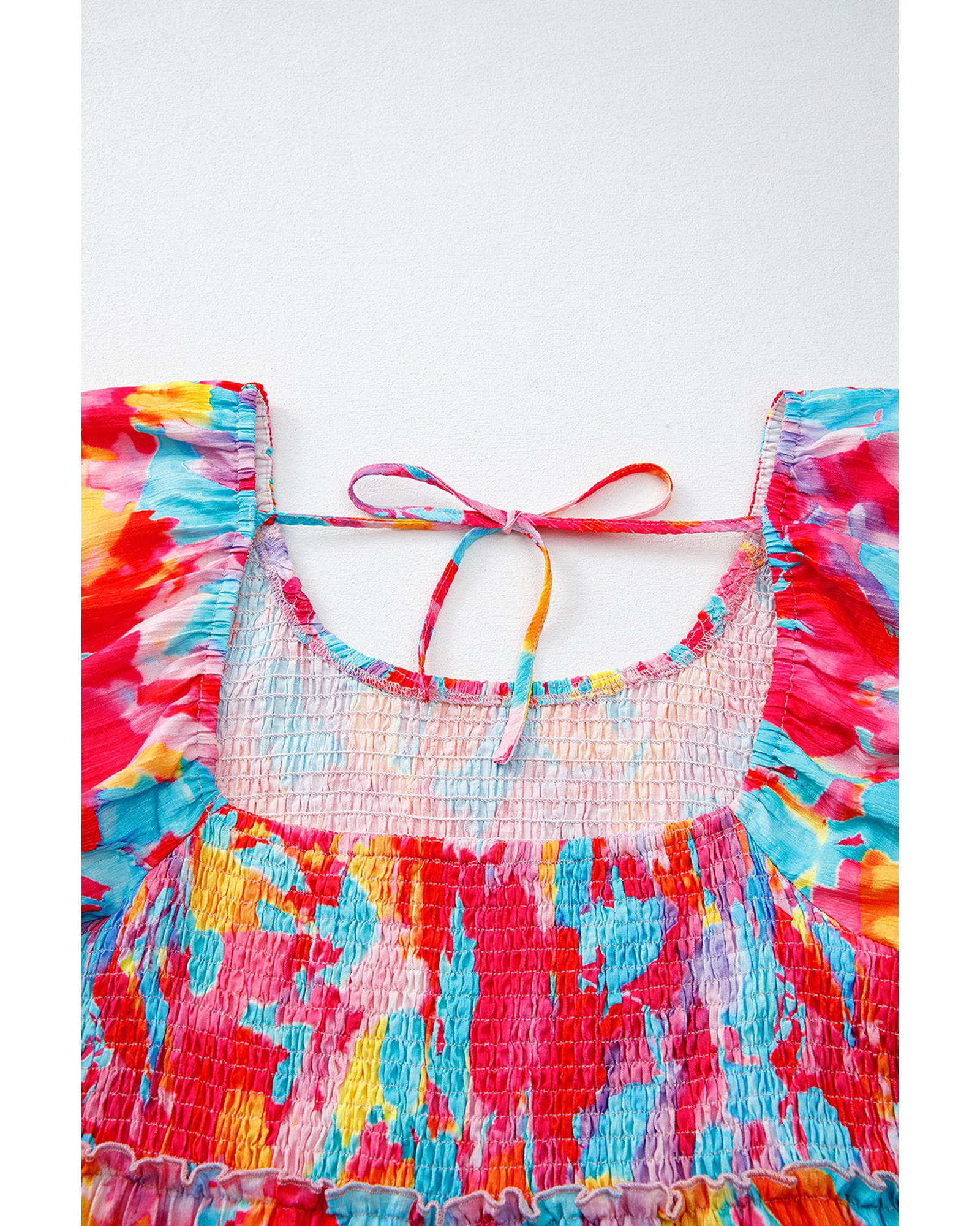 Rose Abstract Printed Puff Sleeve Square Neck Smocked Bust Tied Back Plus Size Dress - 1X 8