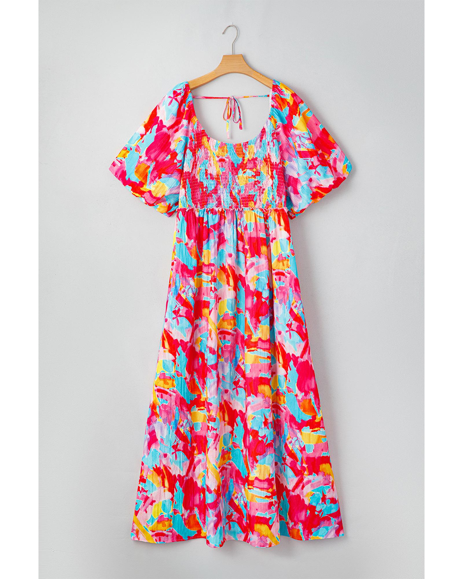 Rose Abstract Printed Puff Sleeve Square Neck Smocked Bust Tied Back Plus Size Dress - 2X 4