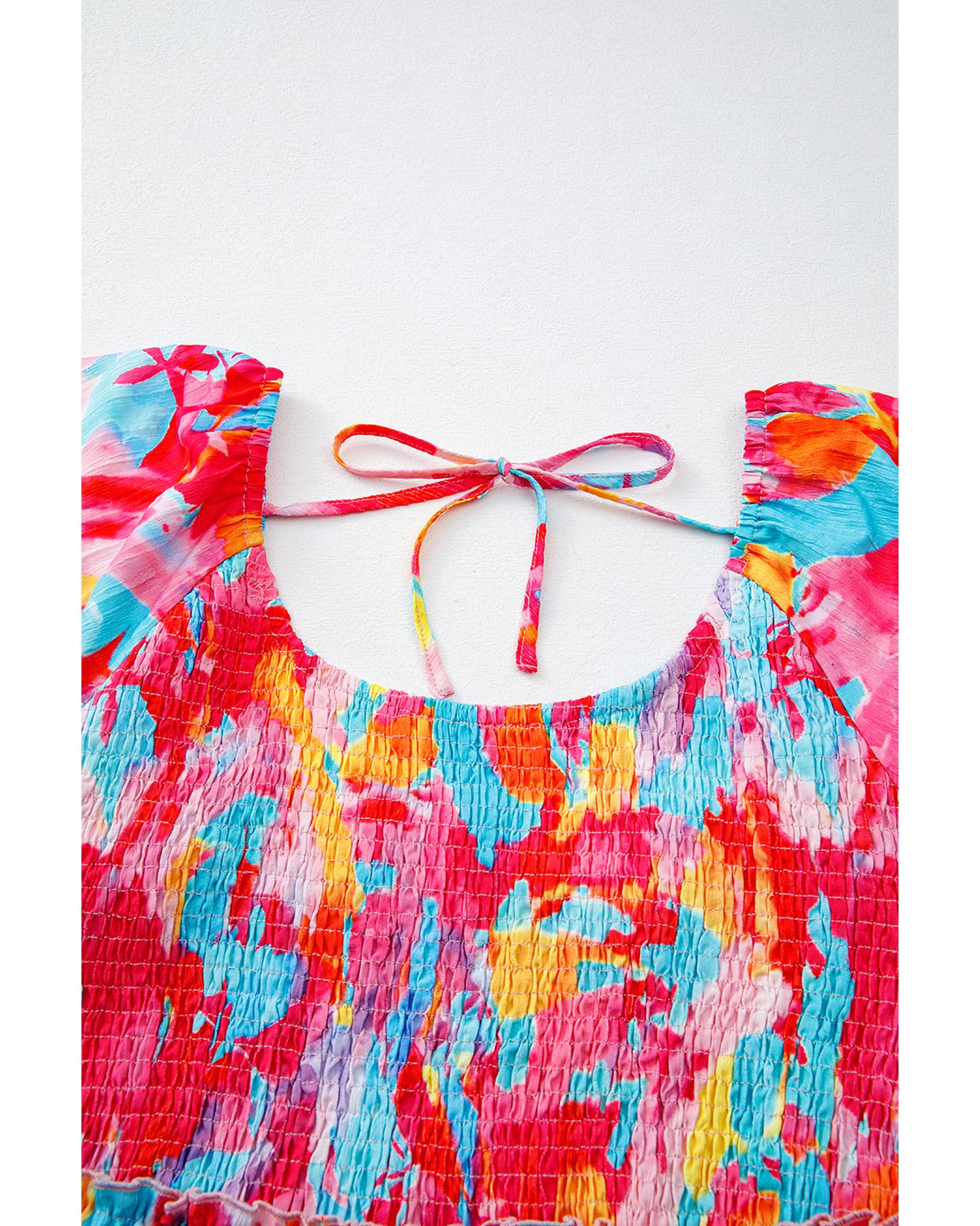 Rose Abstract Printed Puff Sleeve Square Neck Smocked Bust Tied Back Plus Size Dress - 2X 7