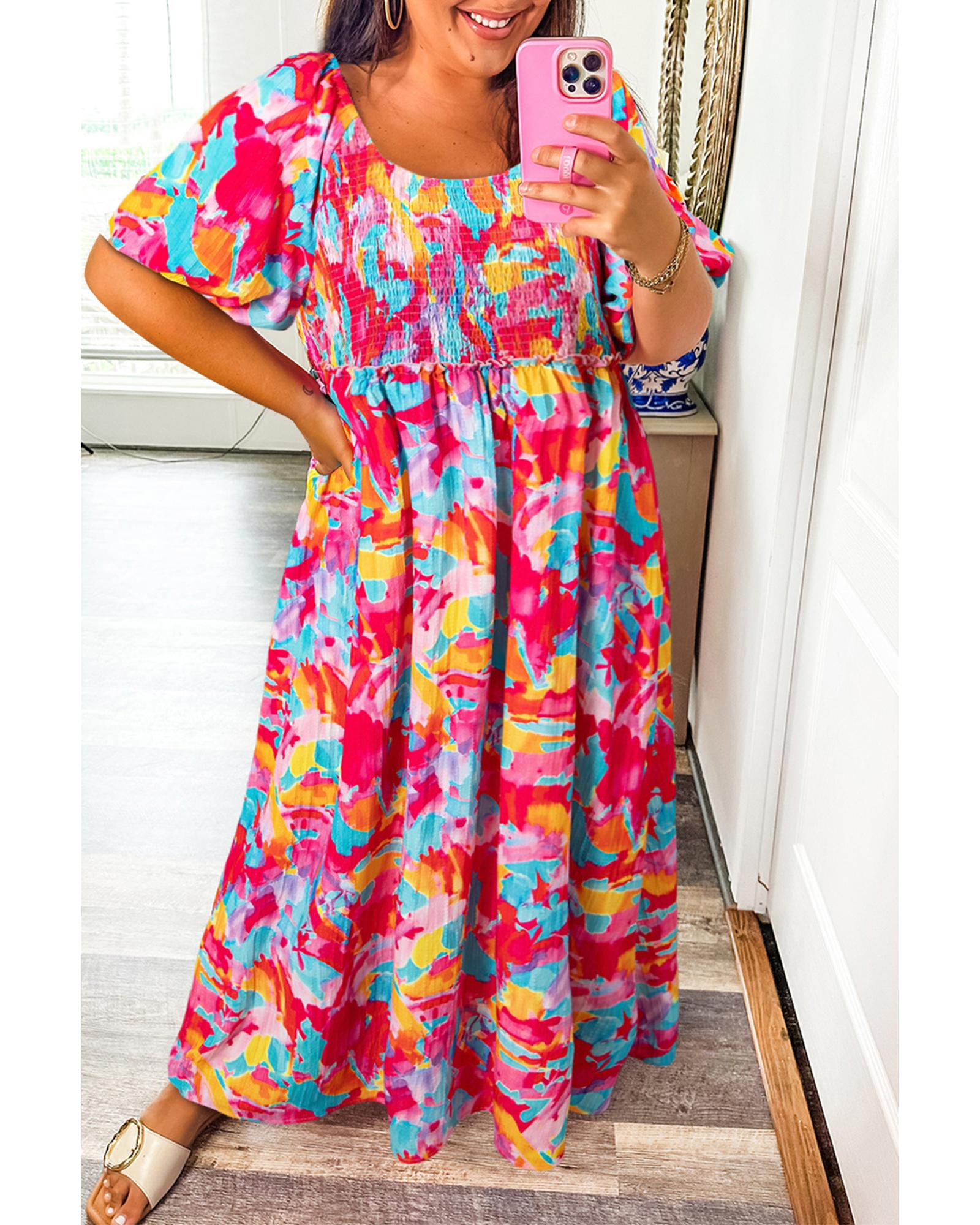Rose Abstract Printed Puff Sleeve Square Neck Smocked Bust Tied Back Plus Size Dress - 3X