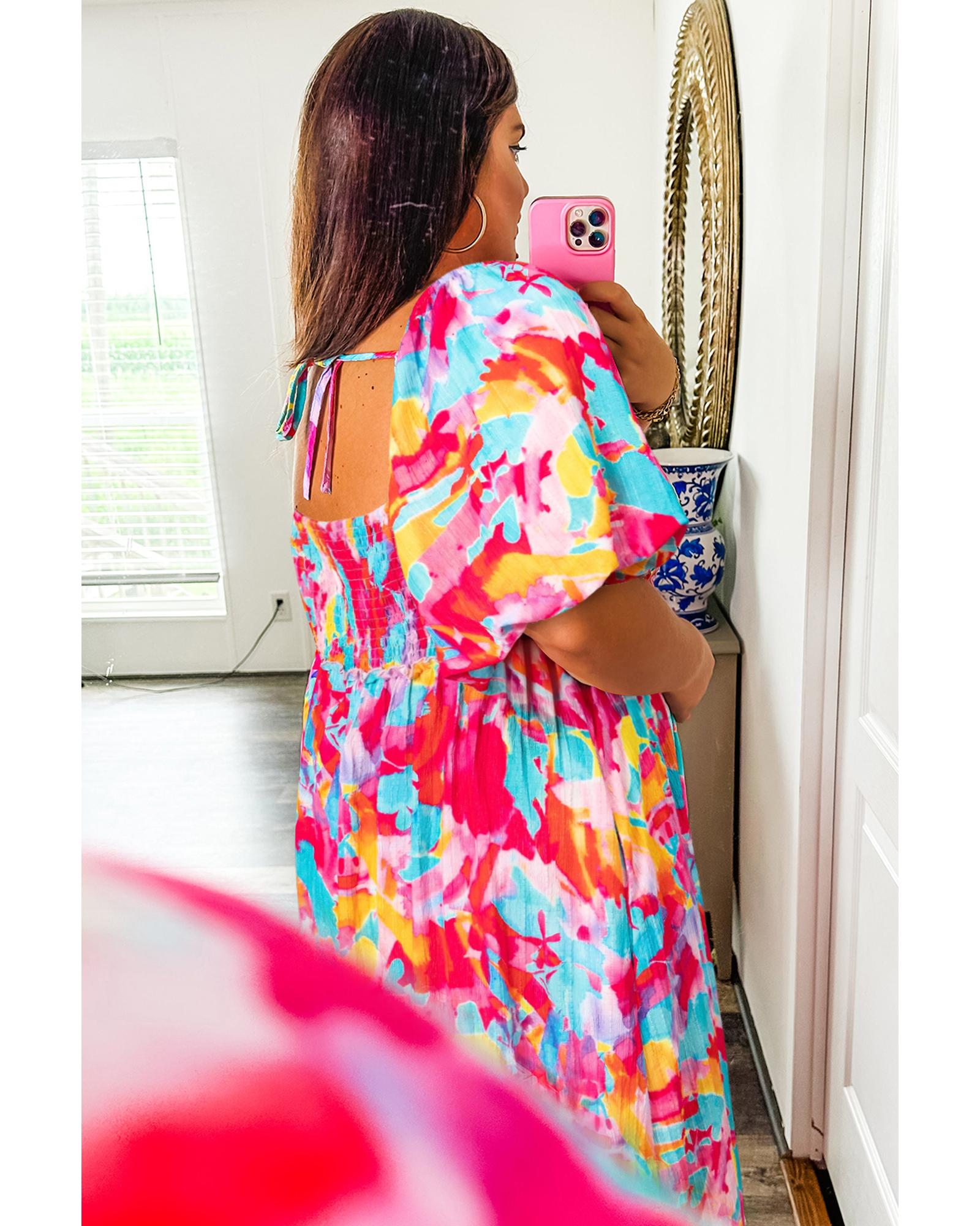 Rose Abstract Printed Puff Sleeve Square Neck Smocked Bust Tied Back Plus Size Dress - 3X
