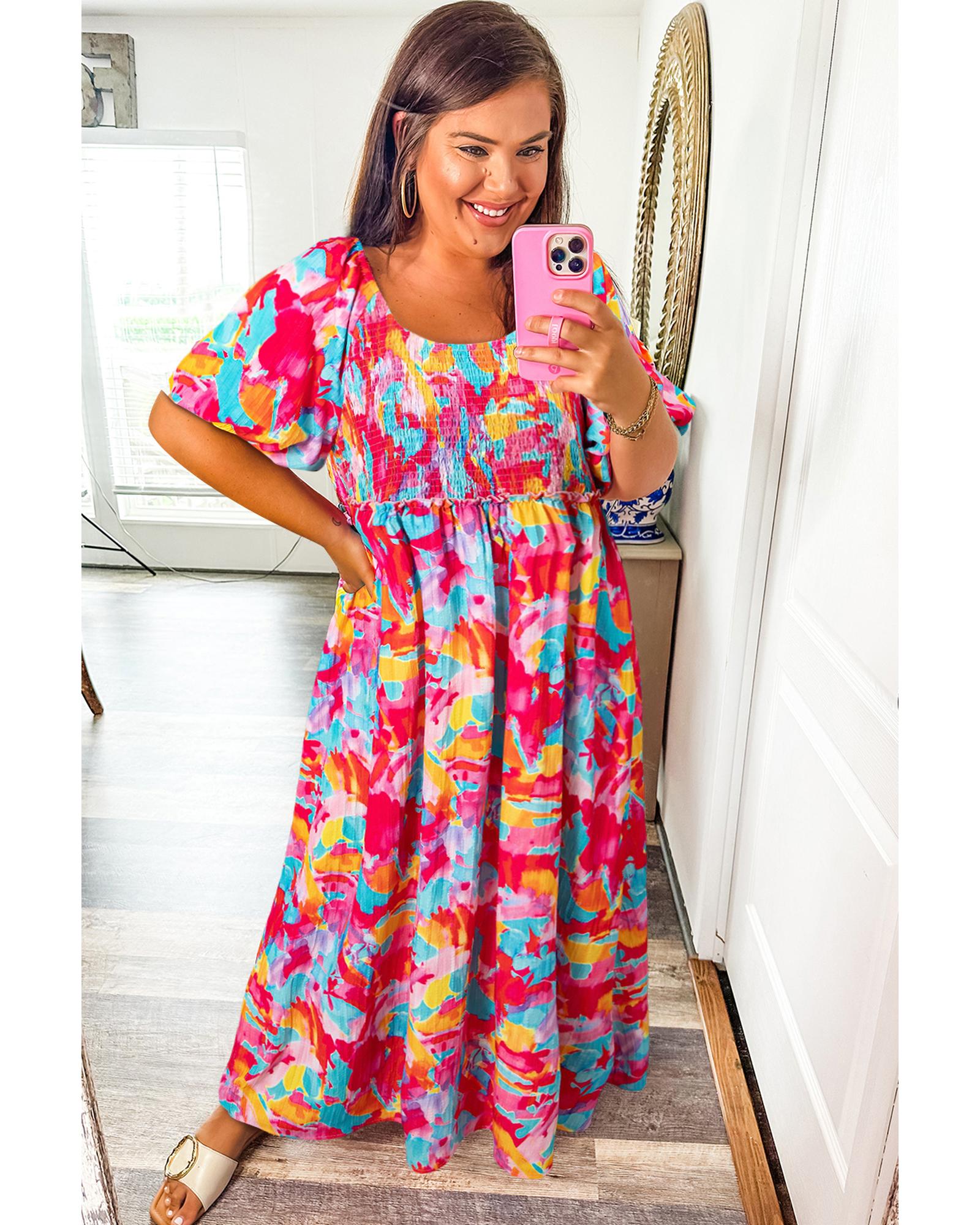 Rose Abstract Printed Puff Sleeve Square Neck Smocked Bust Tied Back Plus Size Dress - 3X 3