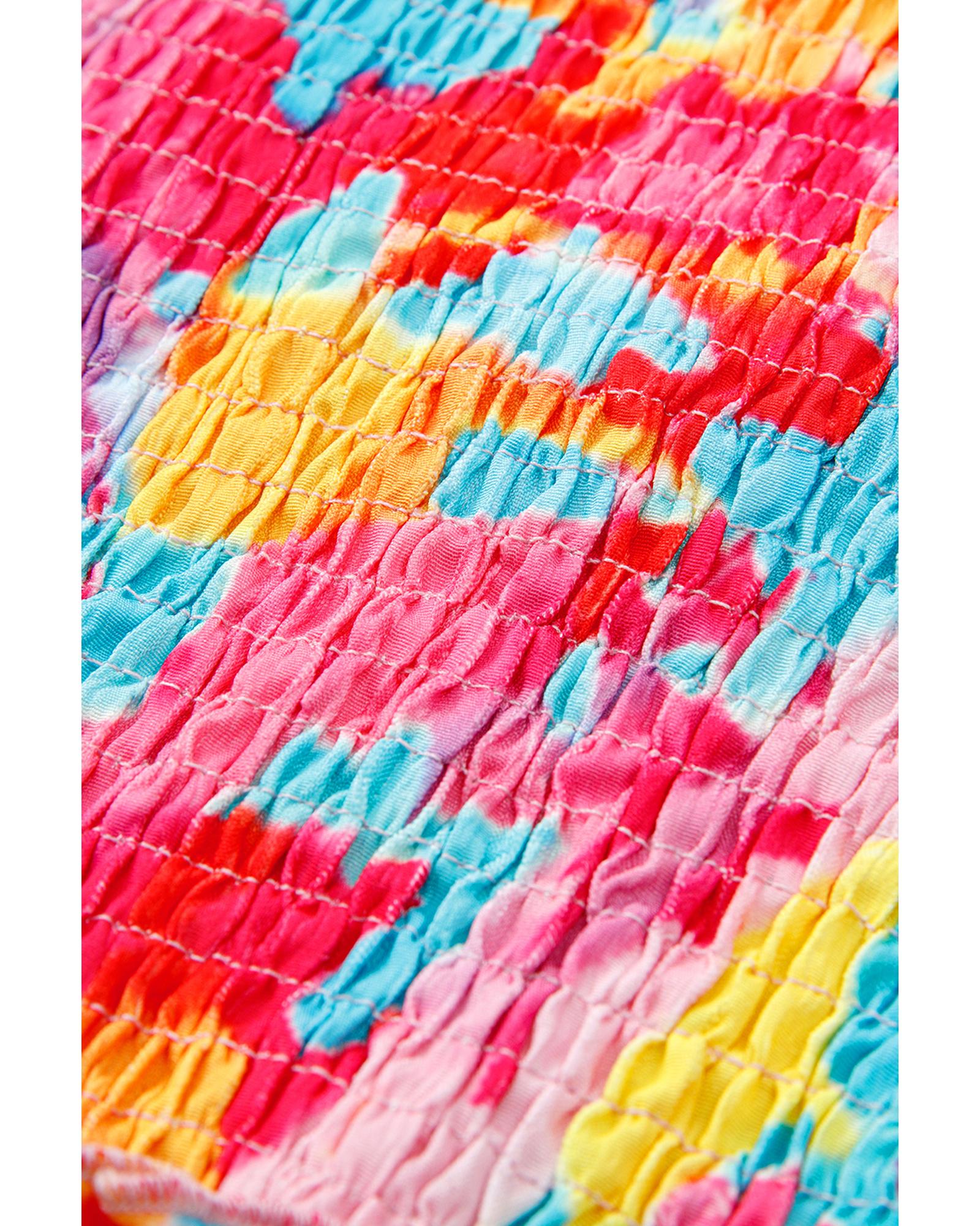 Rose Abstract Printed Puff Sleeve Square Neck Smocked Bust Tied Back Plus Size Dress - 3X 6