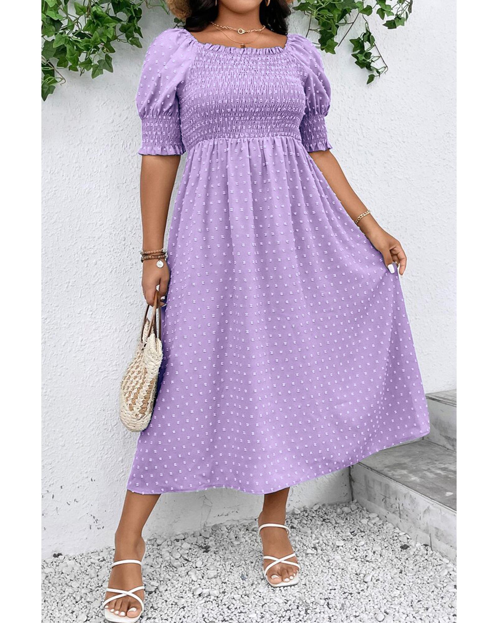 Wisteria Swiss Dot Smocked Frilled Neckline Short Sleeve Plus Size Dress - 3X 3