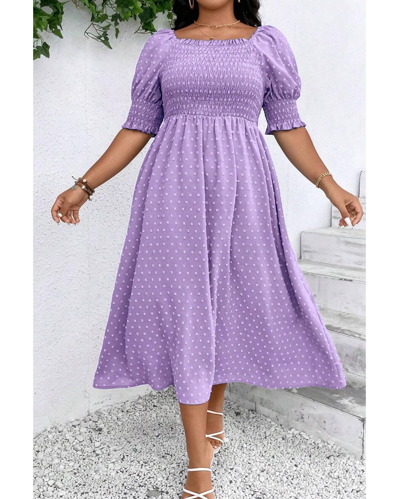 Wisteria Swiss Dot Smocked Frilled Neckline Short Sleeve Plus Size Dress - 3X 4