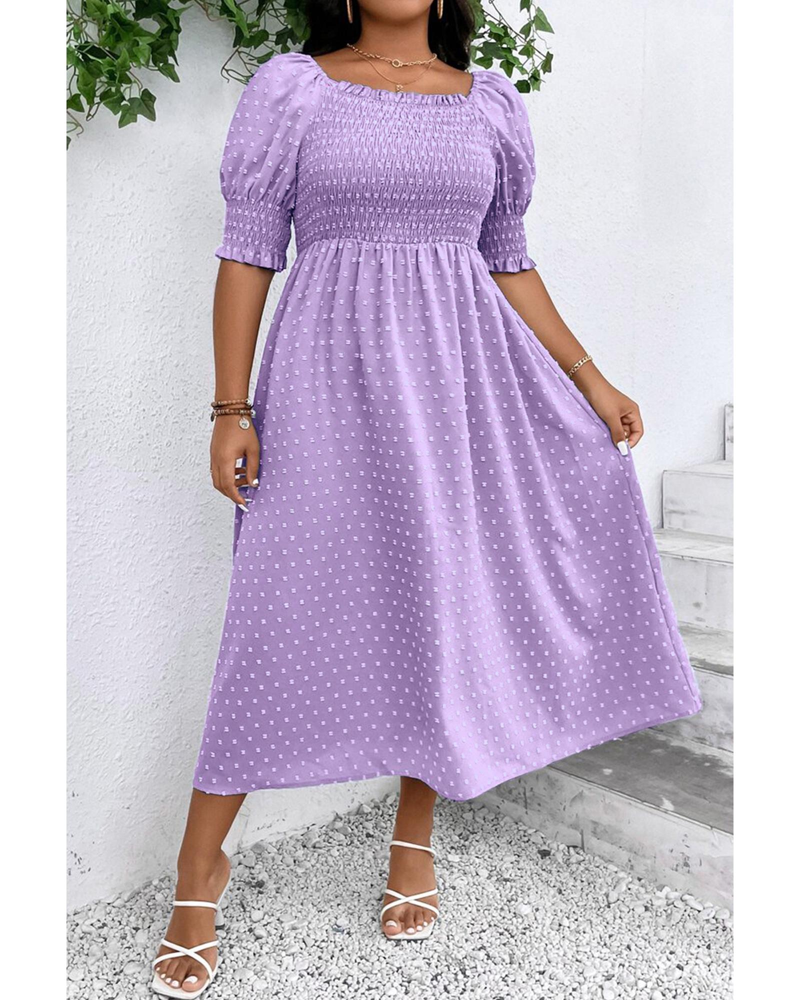 Wisteria Swiss Dot Smocked Frilled Neckline Short Sleeve Plus Size Dress - 3X 5