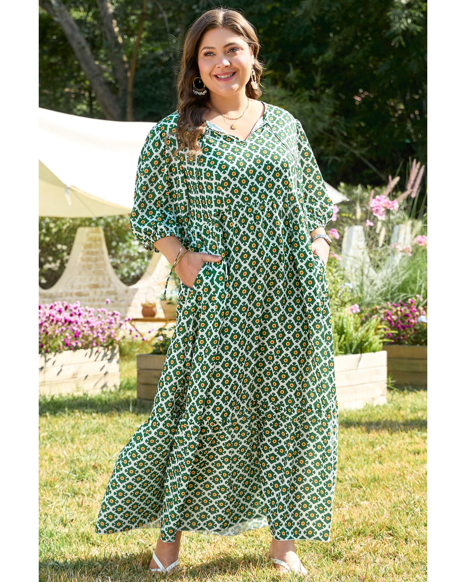 Green Geometric Floral Print Half Sleeve Plus Size Maxi Dress - 1X 4