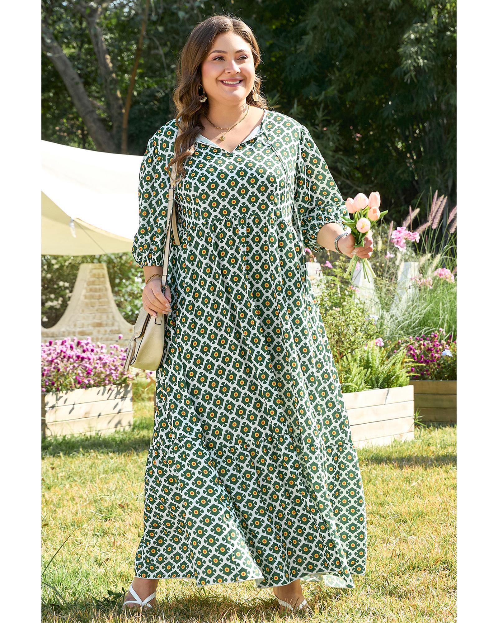 Green Geometric Floral Print Half Sleeve Plus Size Maxi Dress - 1X 5