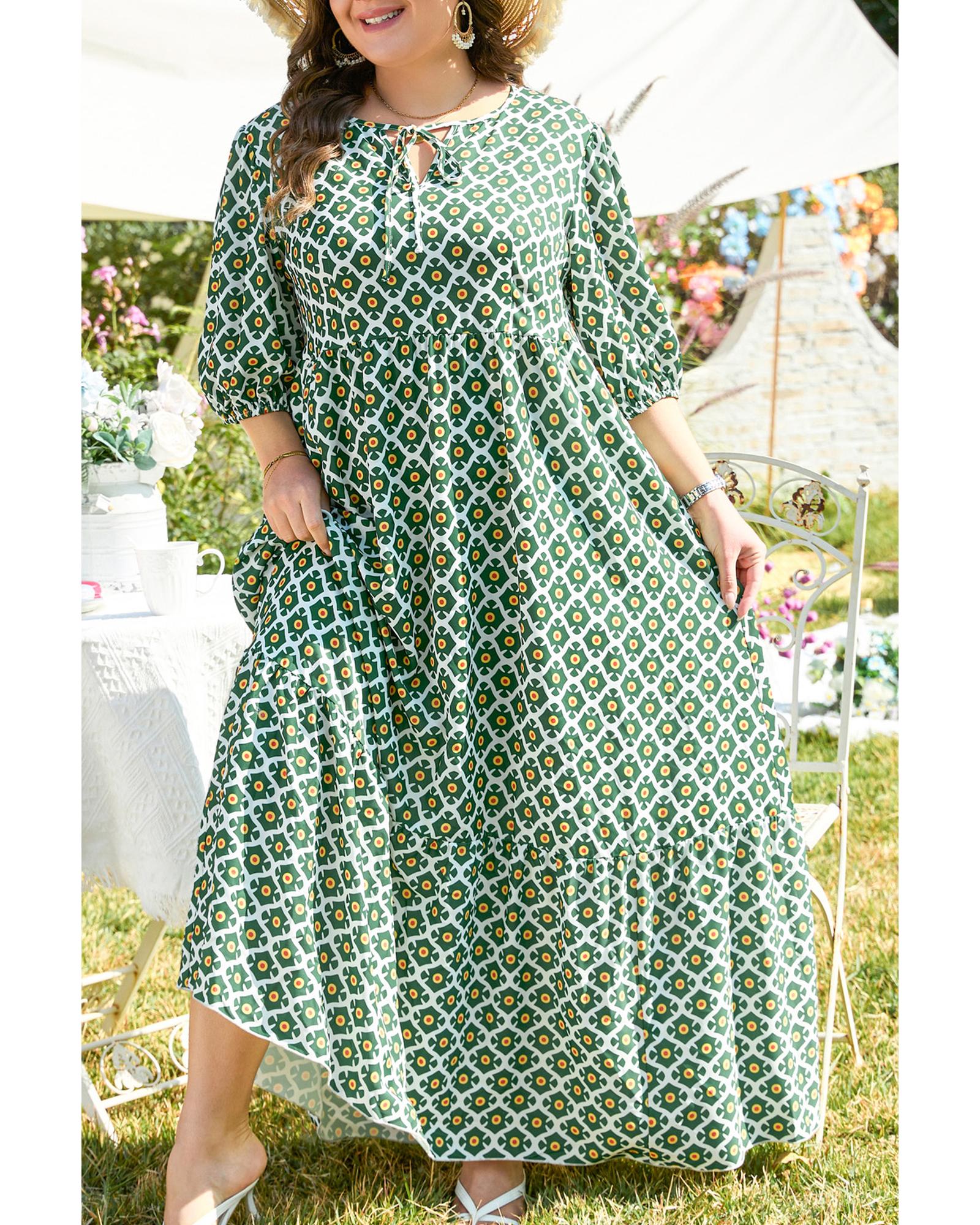 Green Geometric Floral Print Half Sleeve Plus Size Maxi Dress - 1X 7