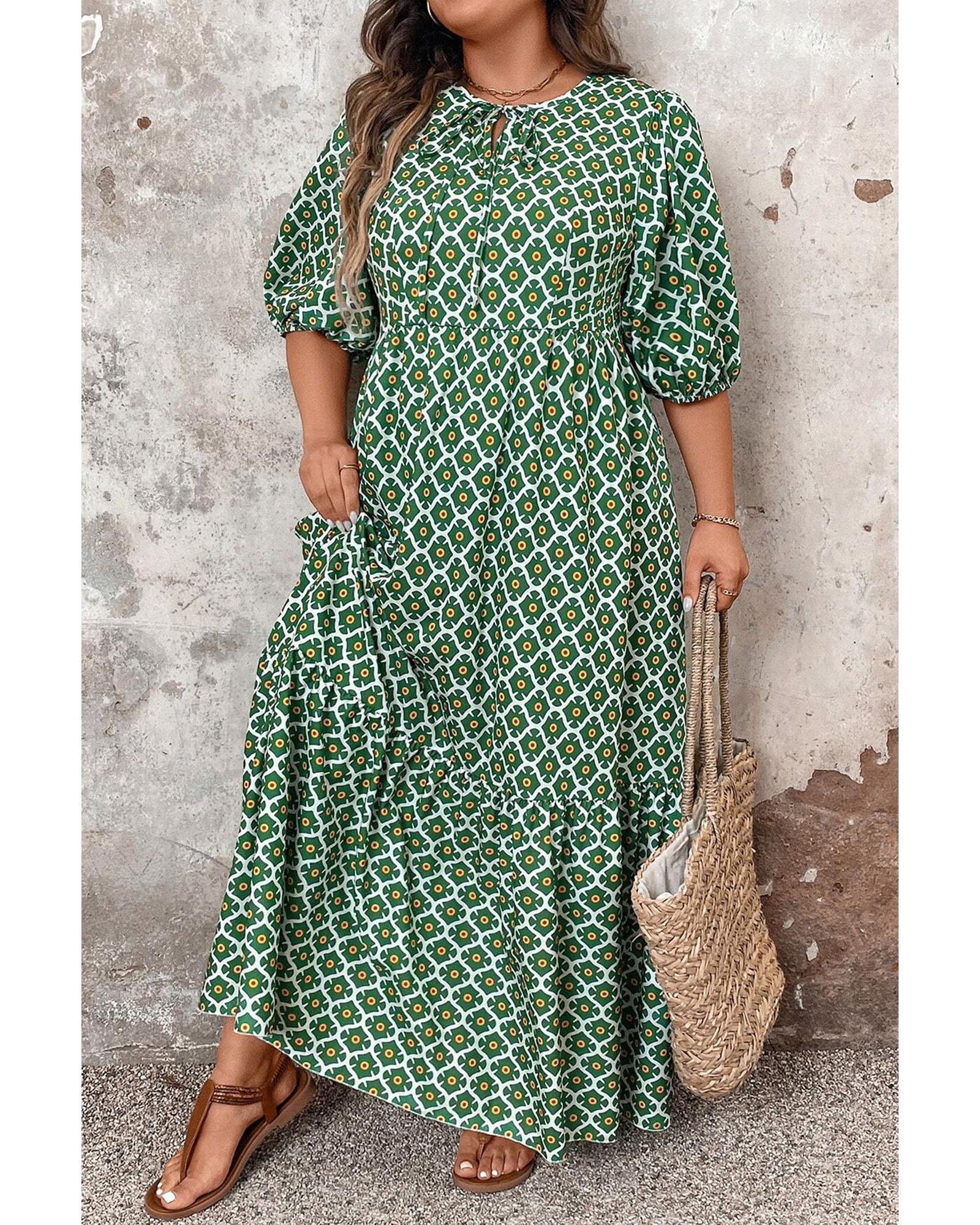 Green Geometric Floral Print Half Sleeve Plus Size Maxi Dress - 1X 8