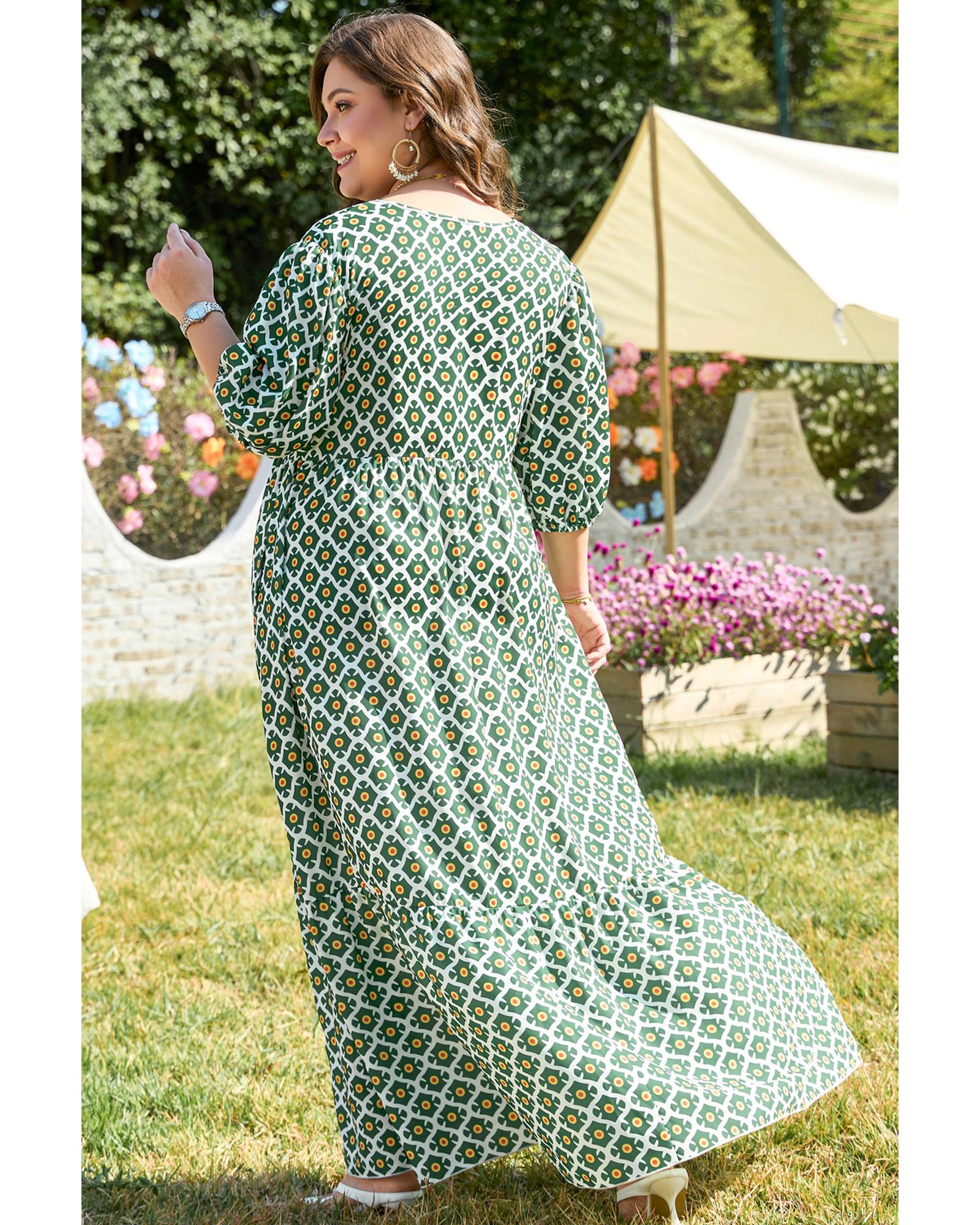 Green Geometric Floral Print Half Sleeve Plus Size Maxi Dress - 2X