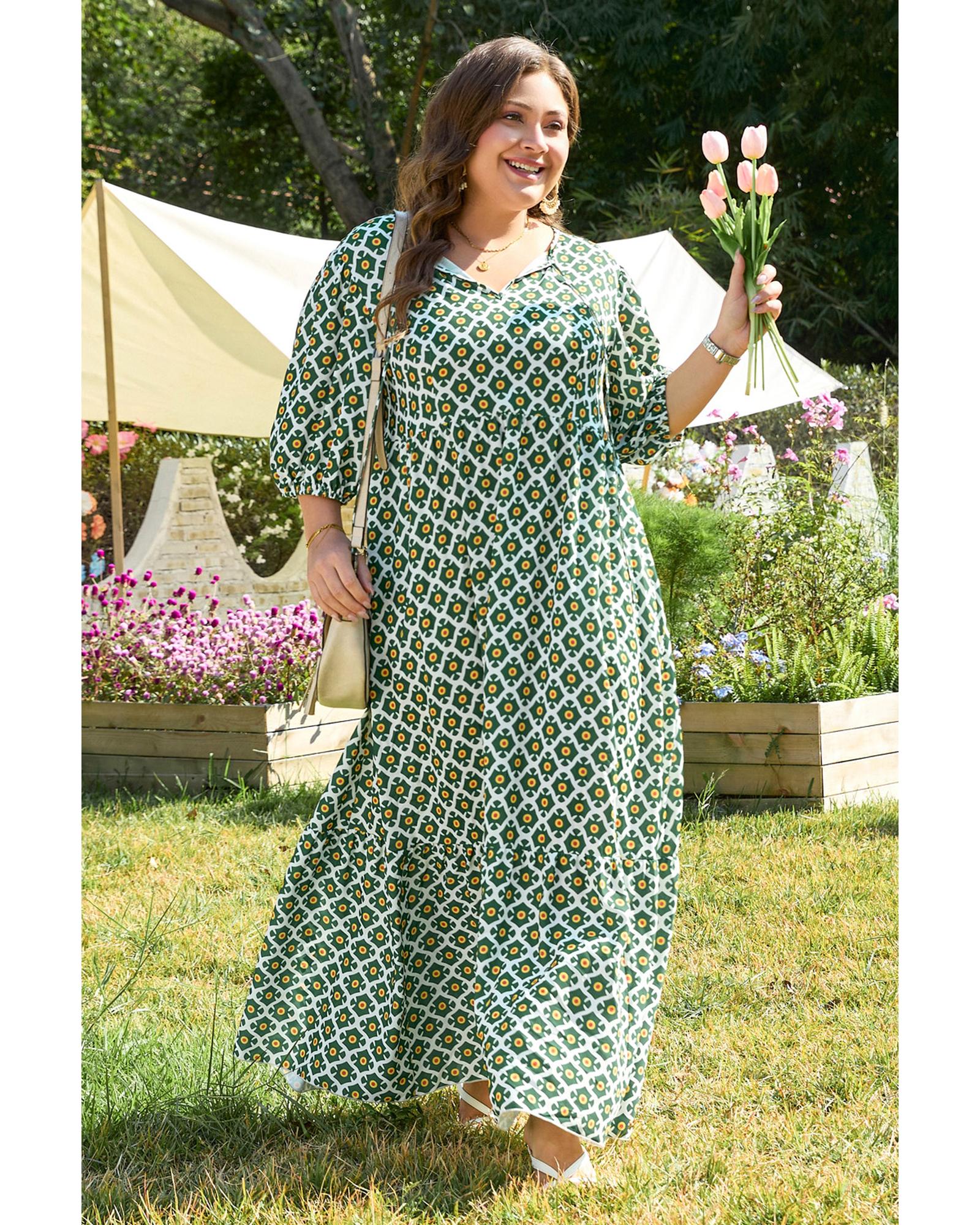Green Geometric Floral Print Half Sleeve Plus Size Maxi Dress - 2X 3