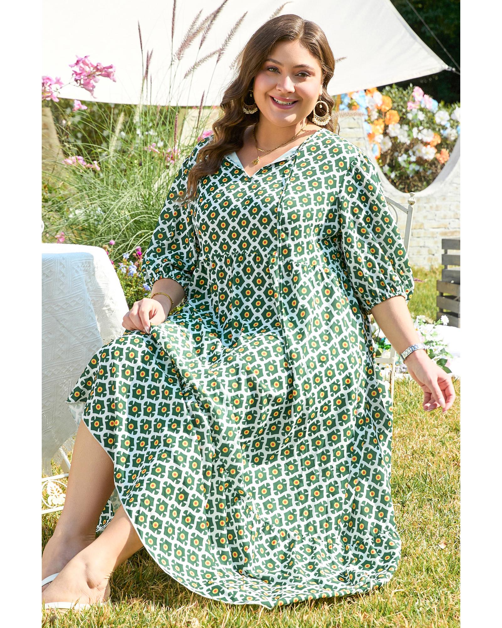 Green Geometric Floral Print Half Sleeve Plus Size Maxi Dress - 2X 5