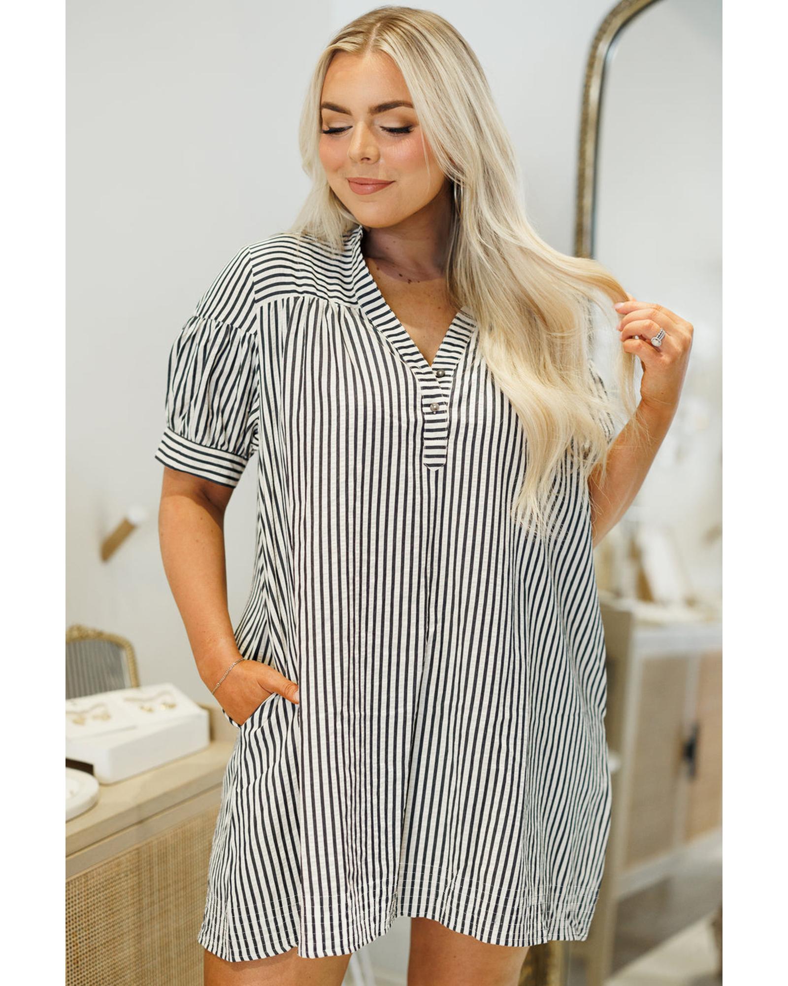 Black Stripe Short Sleeve Buttoned V Neck Pocketed Plus Size Mini Dress - 4X 3
