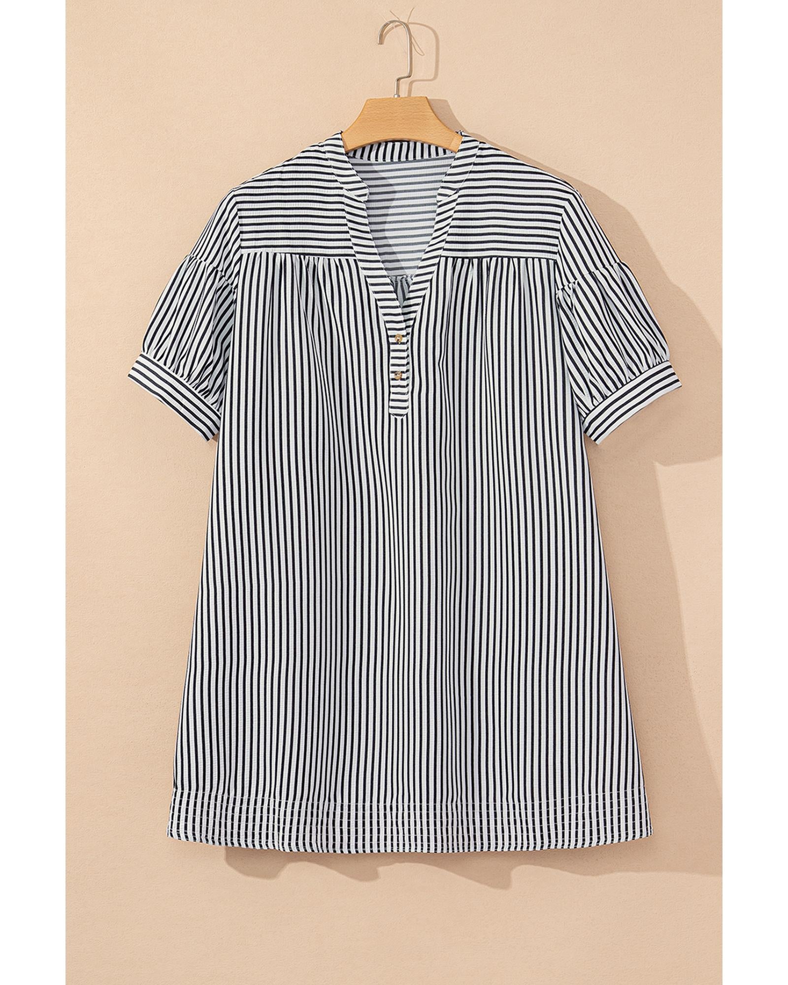 Black Stripe Short Sleeve Buttoned V Neck Pocketed Plus Size Mini Dress - 4X 4