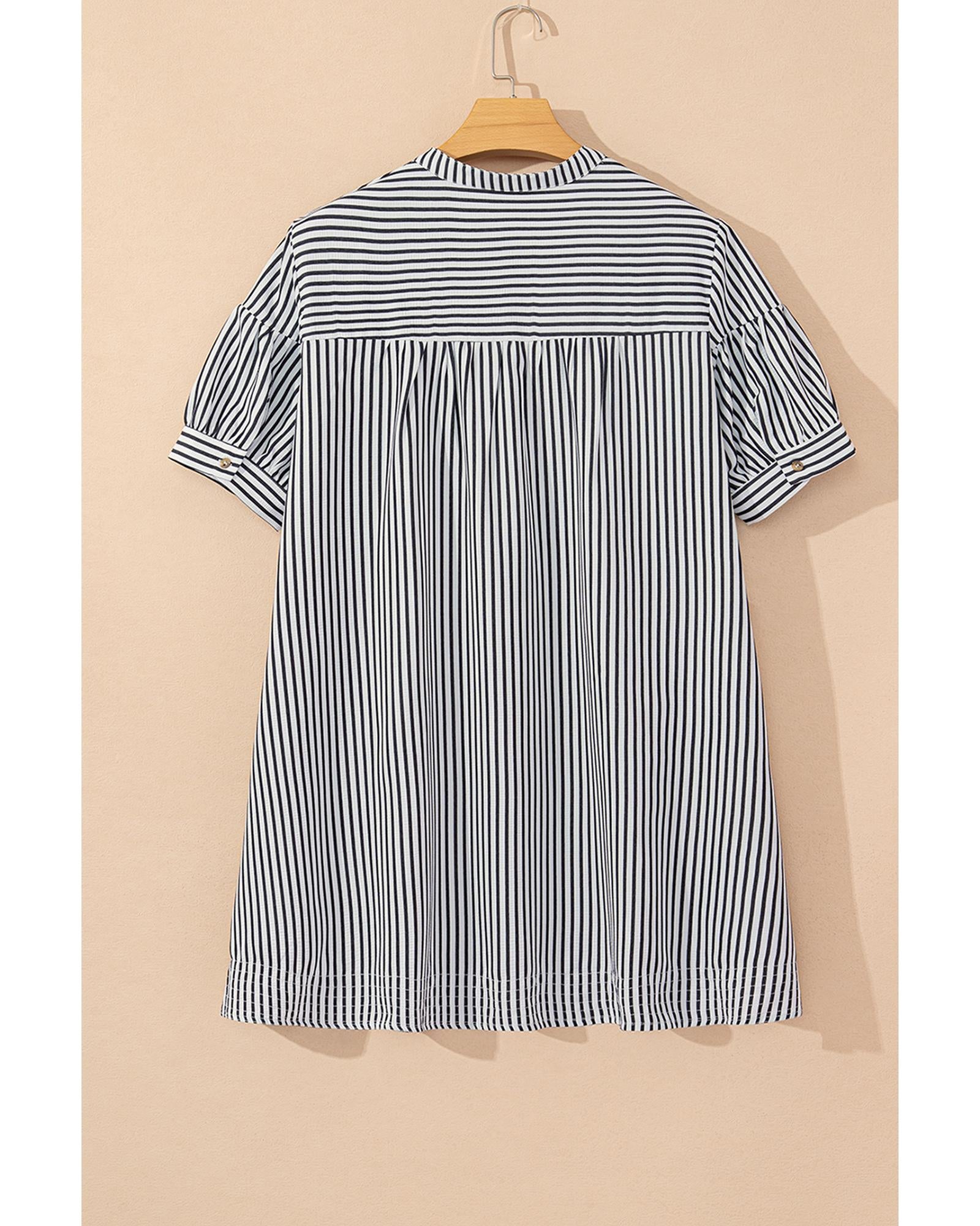 Black Stripe Short Sleeve Buttoned V Neck Pocketed Plus Size Mini Dress - 4X 5