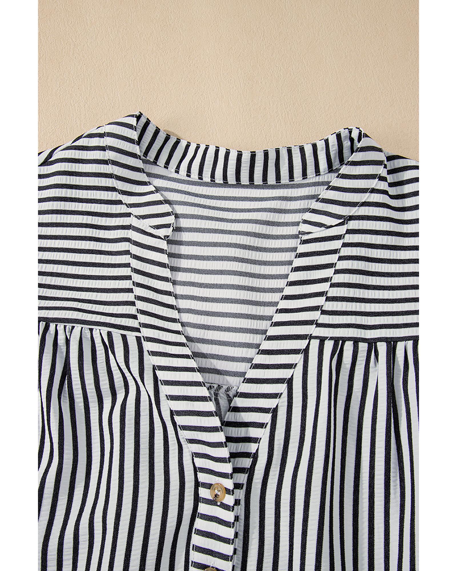 Black Stripe Short Sleeve Buttoned V Neck Pocketed Plus Size Mini Dress - 4X 6