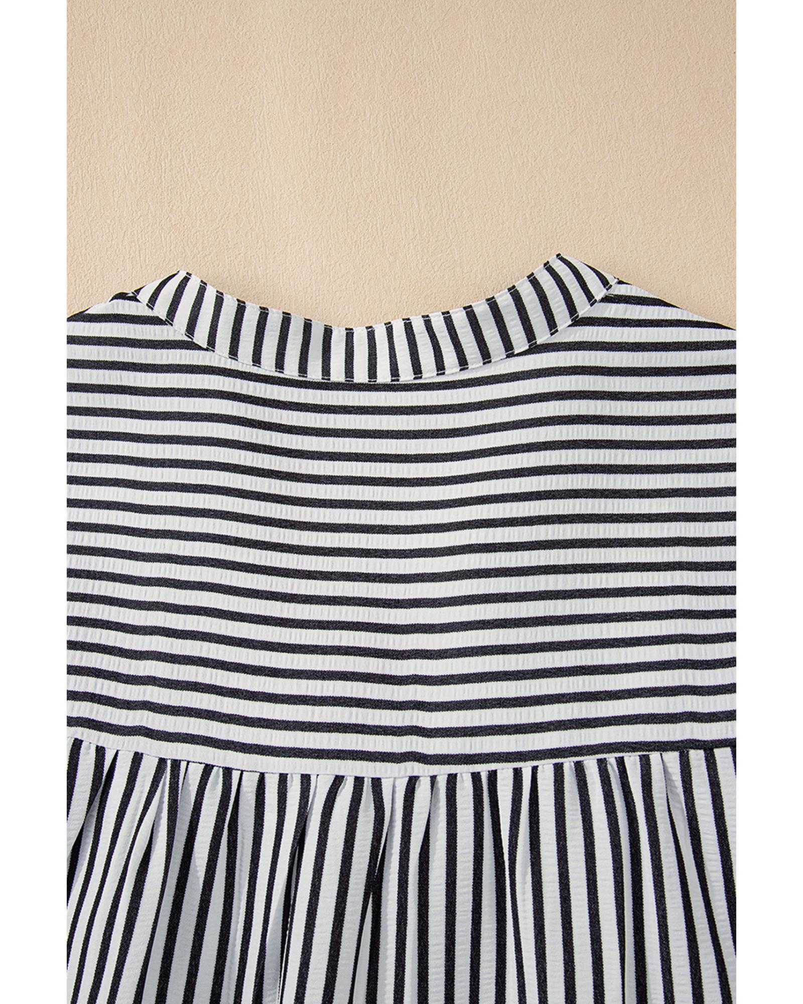 Black Stripe Short Sleeve Buttoned V Neck Pocketed Plus Size Mini Dress - 4X 7