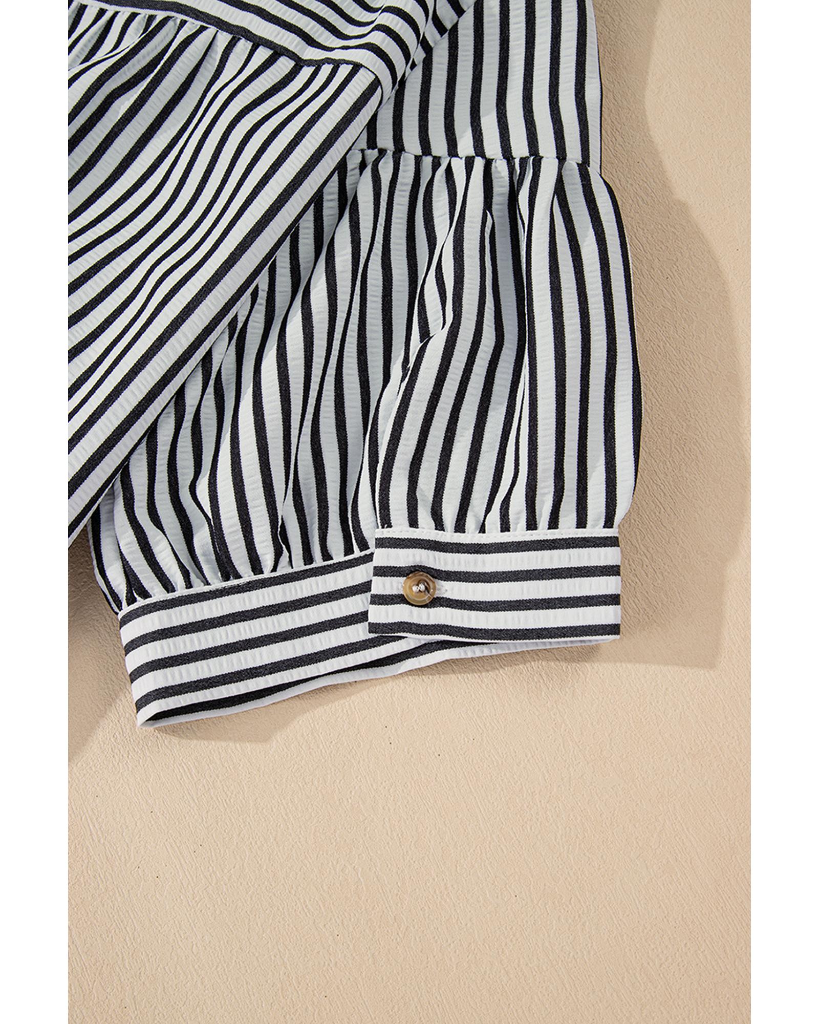 Black Stripe Short Sleeve Buttoned V Neck Pocketed Plus Size Mini Dress - 4X 8