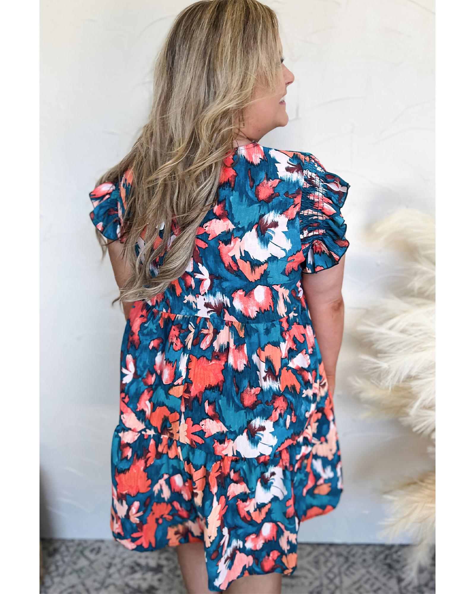 Blue Abstract Print Shirred Ruffled Short Sleeve Tiered Plus Size Mini Dress - 1X