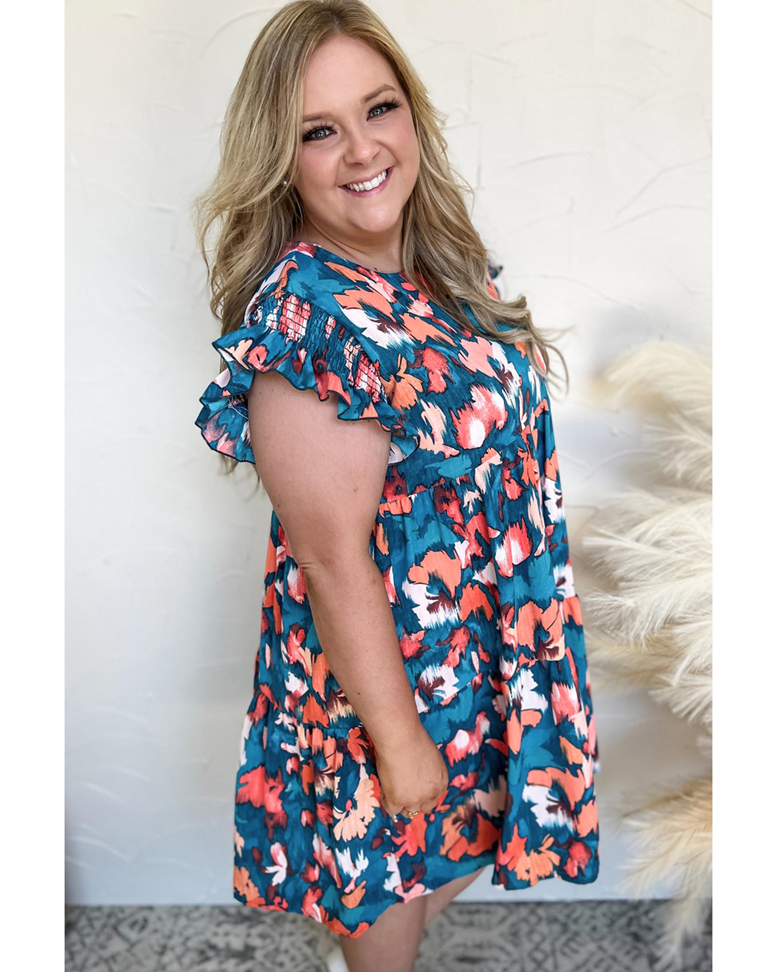 Blue Abstract Print Shirred Ruffled Short Sleeve Tiered Plus Size Mini Dress - 1X 3