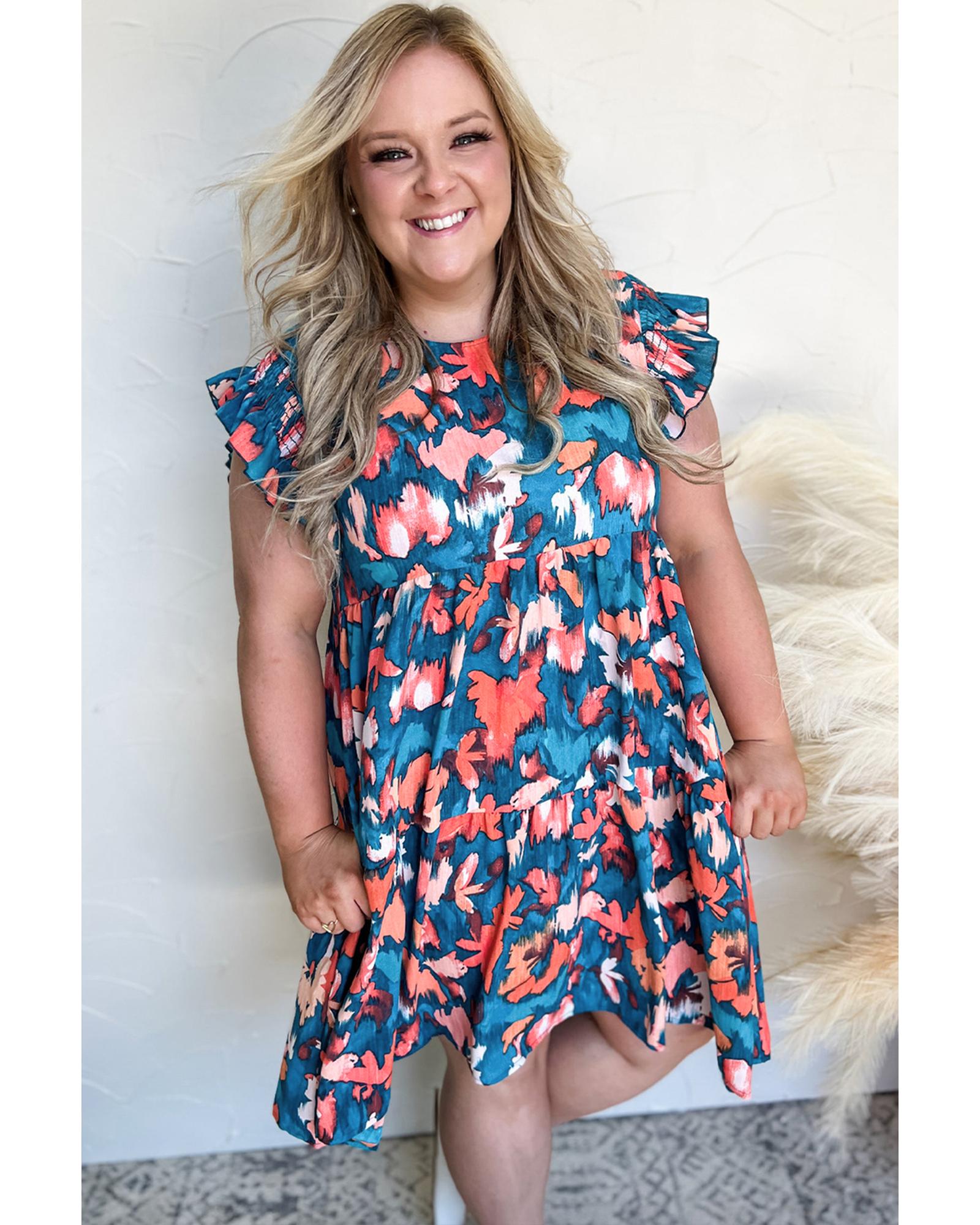 Blue Abstract Print Shirred Ruffled Short Sleeve Tiered Plus Size Mini Dress - 1X 4