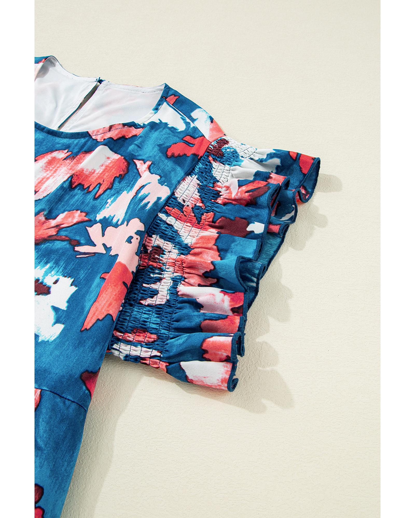Blue Abstract Print Shirred Ruffled Short Sleeve Tiered Plus Size Mini Dress - 1X 8