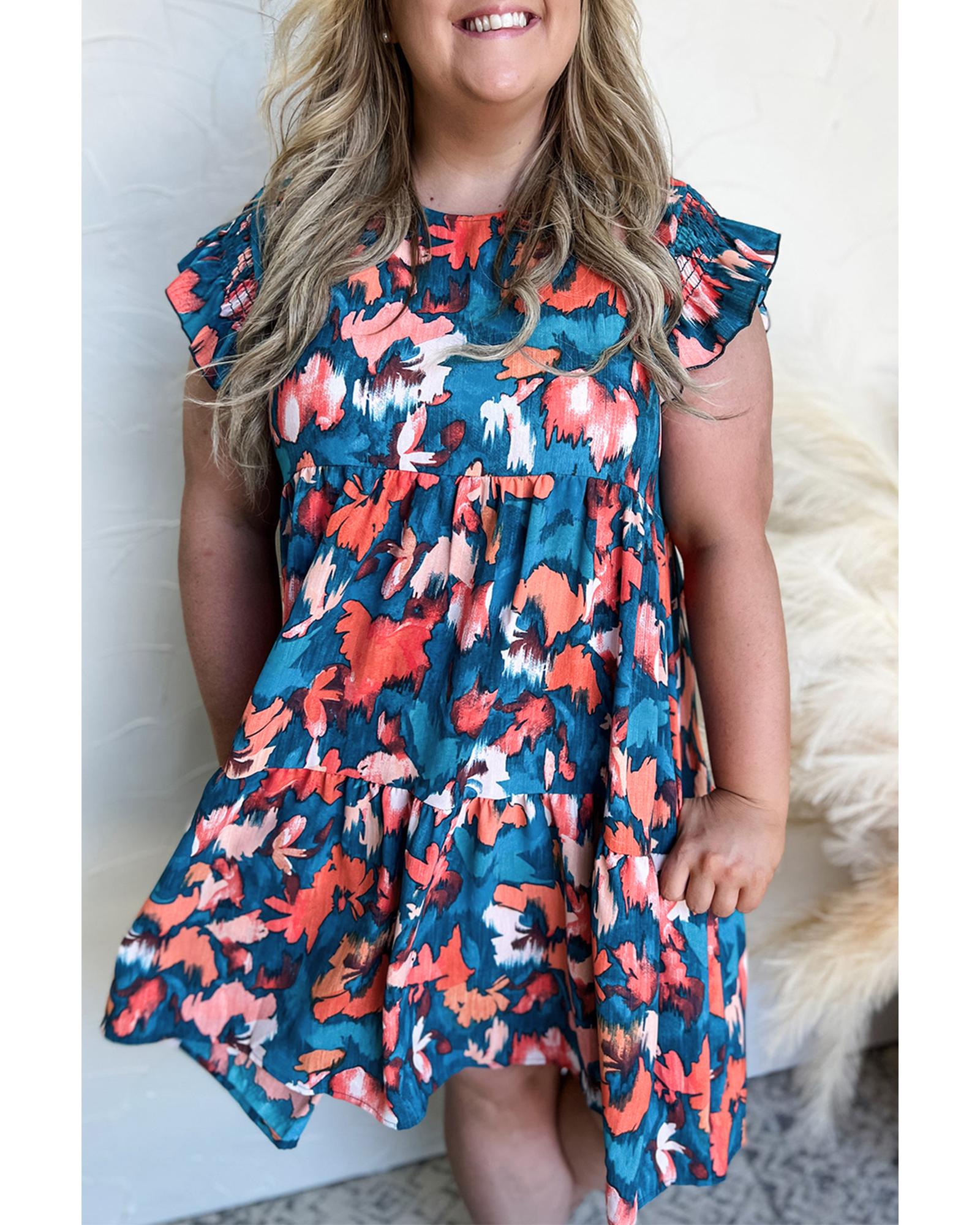 Blue Abstract Print Shirred Ruffled Short Sleeve Tiered Plus Size Mini Dress - 2X