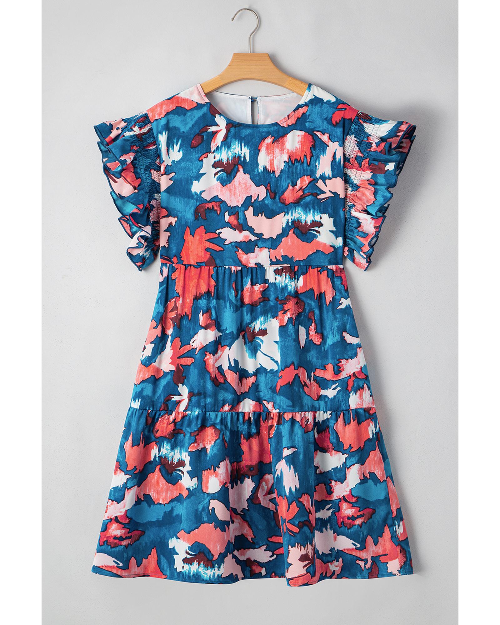 Blue Abstract Print Shirred Ruffled Short Sleeve Tiered Plus Size Mini Dress - 2X 5