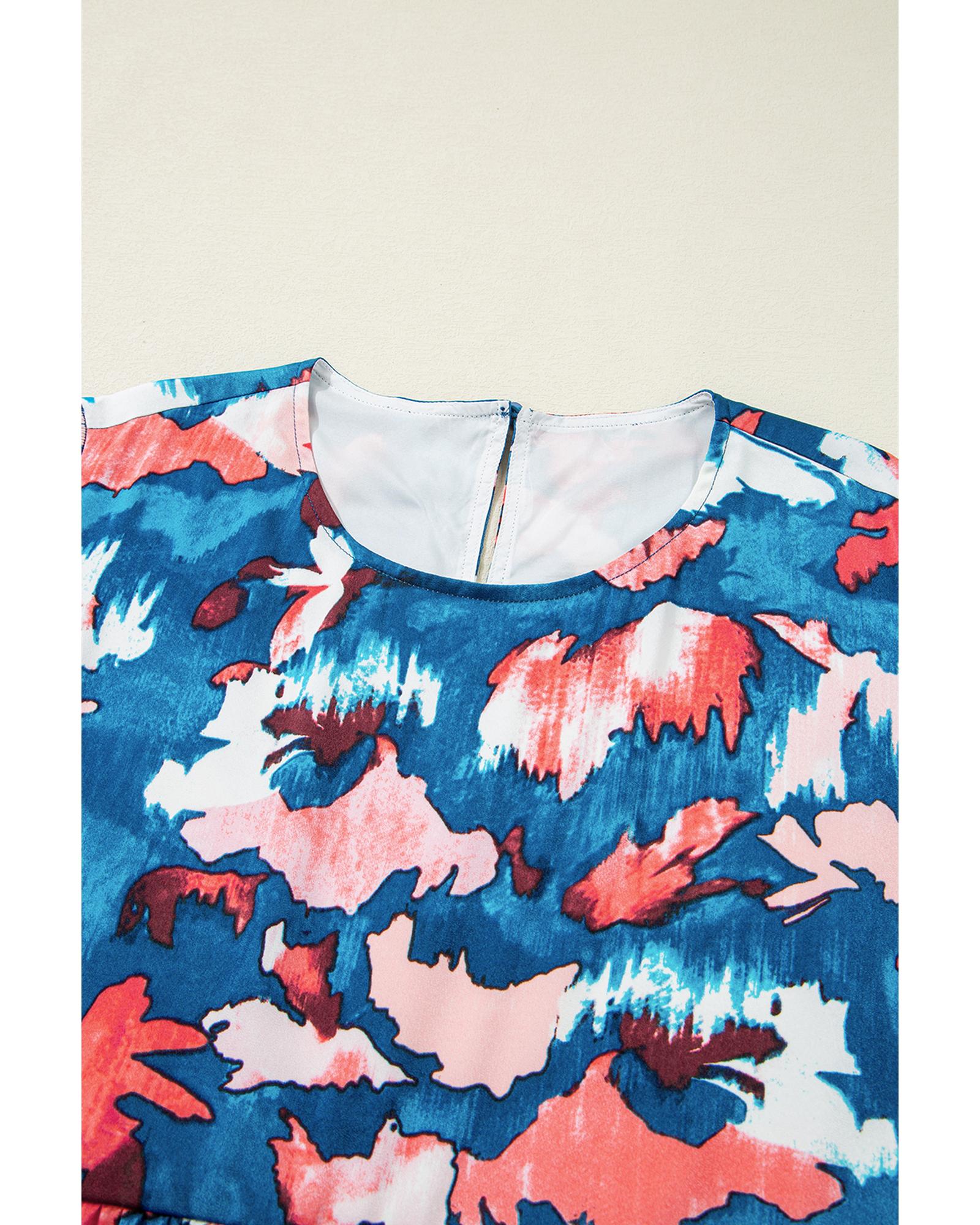 Blue Abstract Print Shirred Ruffled Short Sleeve Tiered Plus Size Mini Dress - 2X 7
