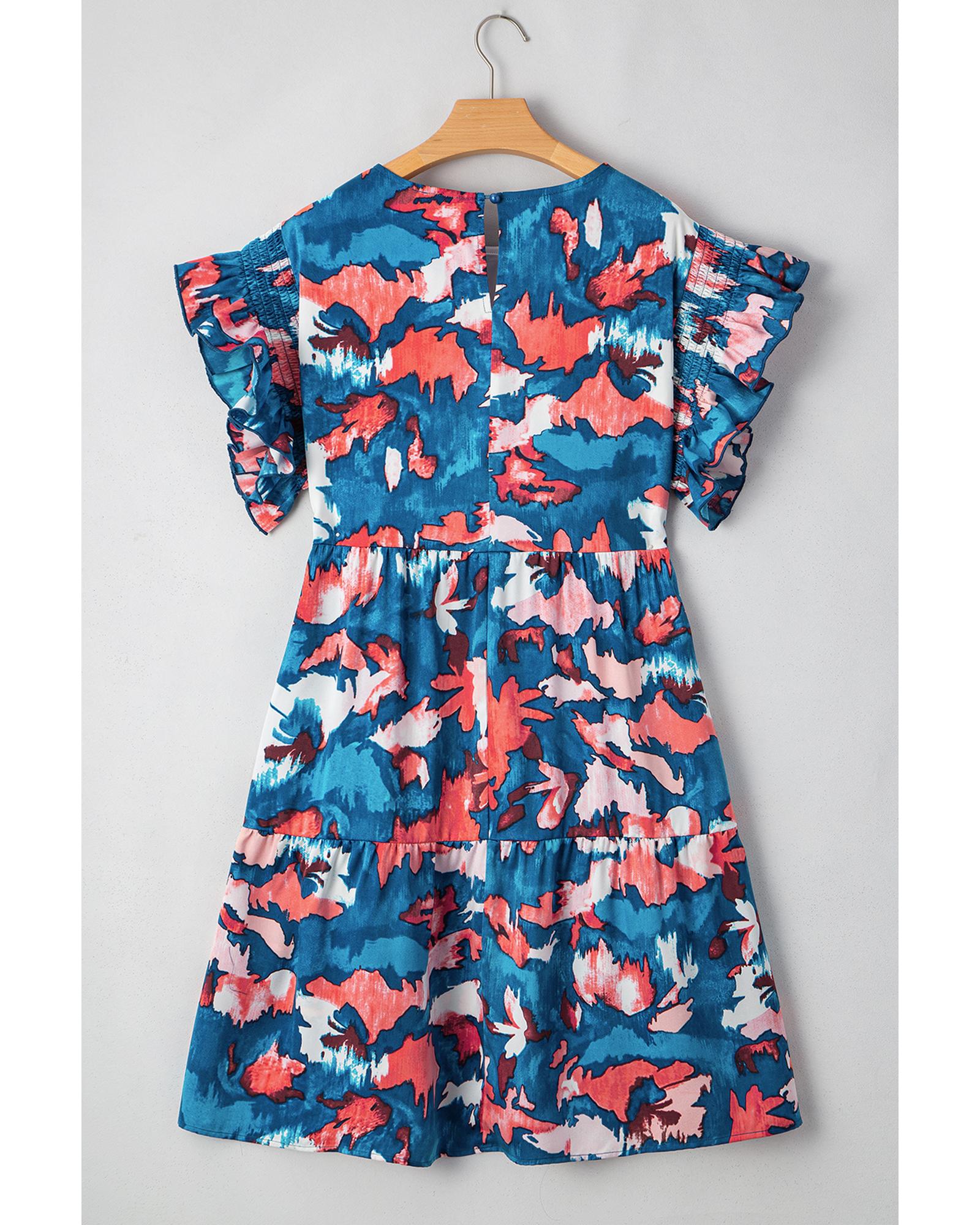 Blue Abstract Print Shirred Ruffled Short Sleeve Tiered Plus Size Mini Dress - 4X 6
