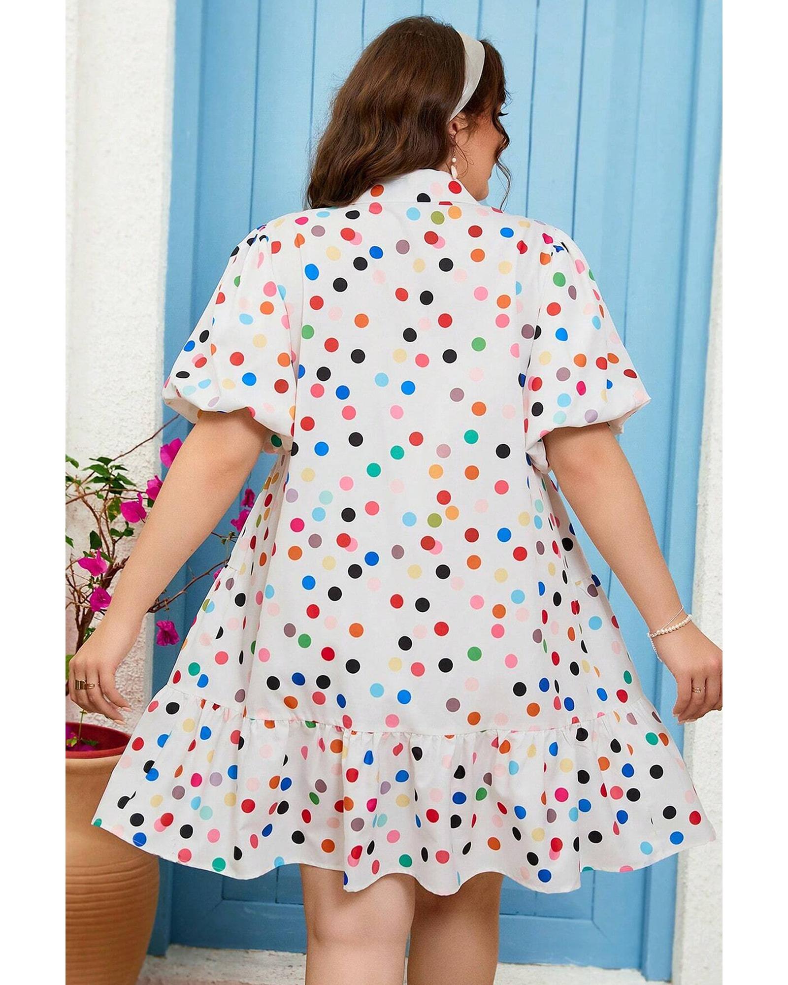 White Polka Dot Print Bubble Sleeve Button Up Plus Size Shirt Dress - 1X