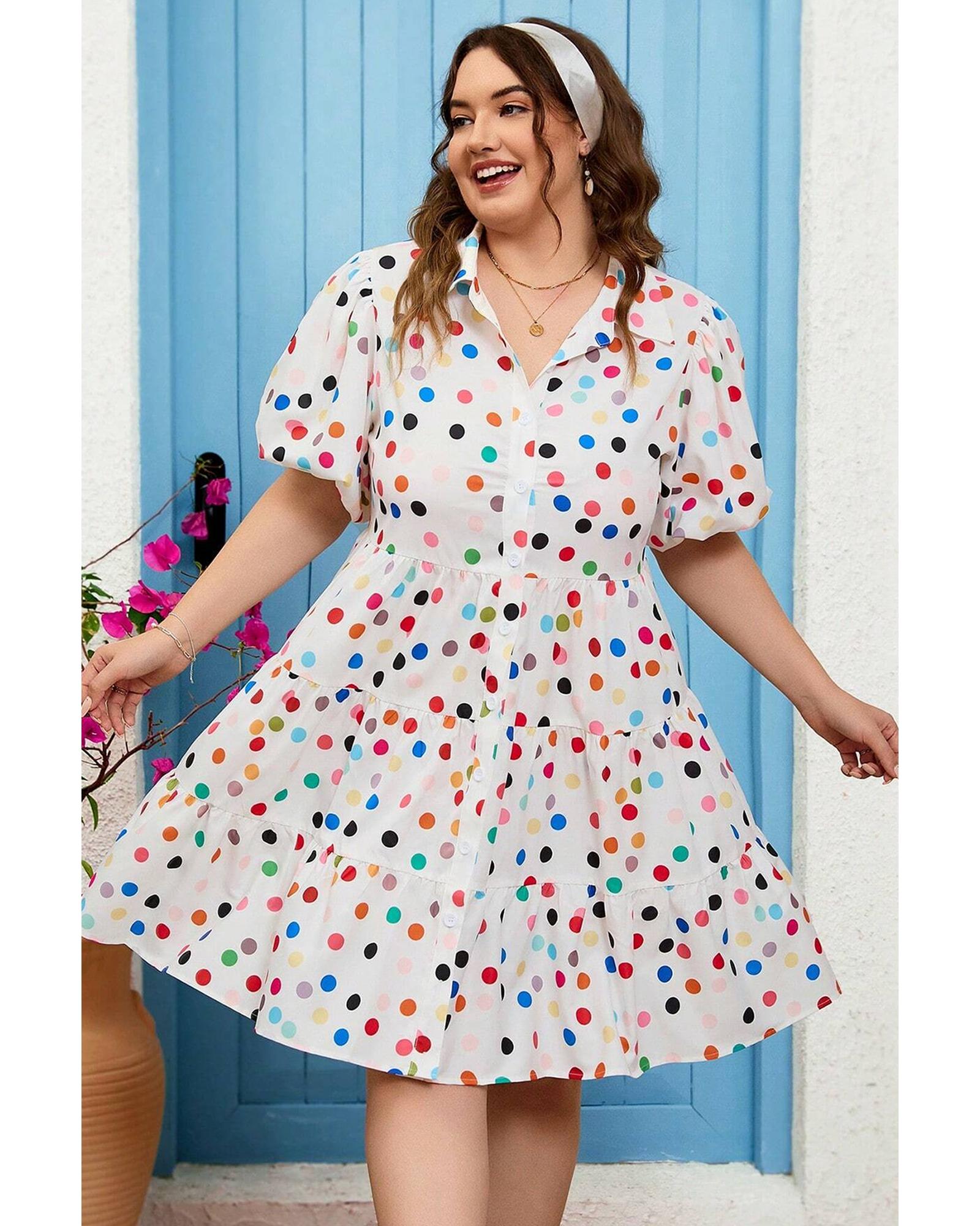 White Polka Dot Print Bubble Sleeve Button Up Plus Size Shirt Dress - 1X 4