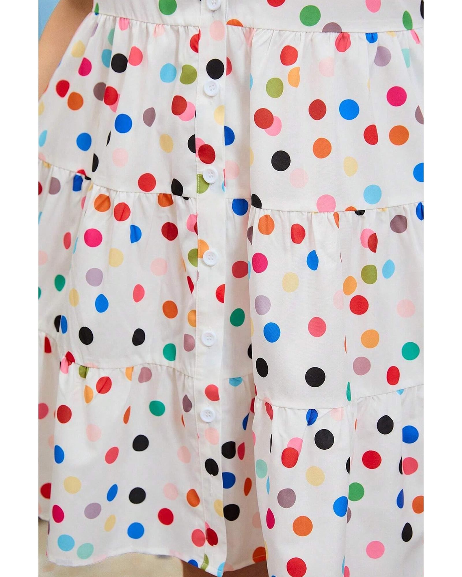 White Polka Dot Print Bubble Sleeve Button Up Plus Size Shirt Dress - 3X 5