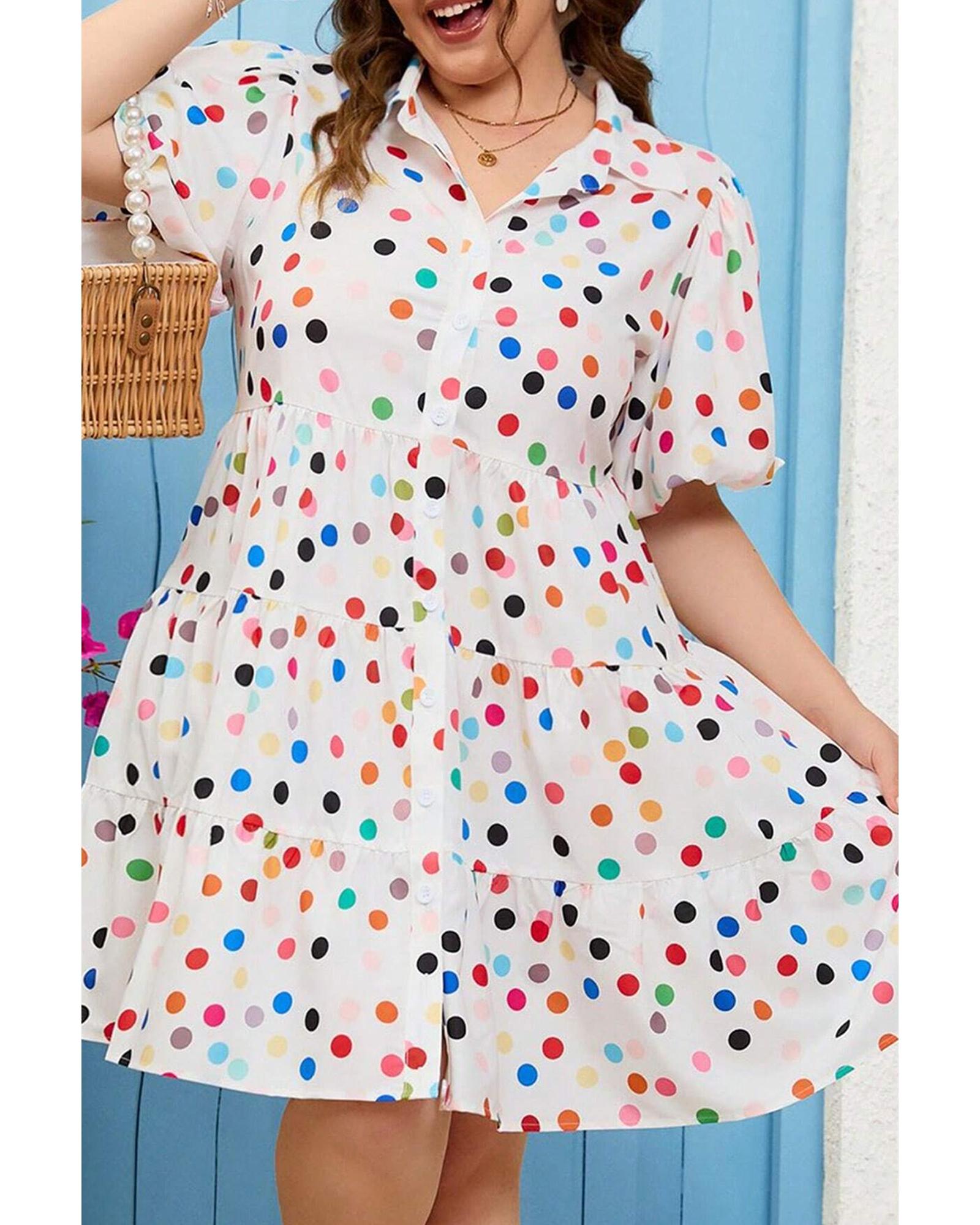 White Polka Dot Print Bubble Sleeve Button Up Plus Size Shirt Dress - 4X