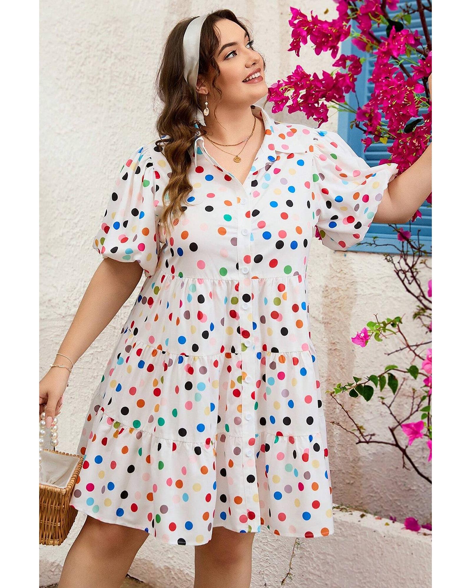 White Polka Dot Print Bubble Sleeve Button Up Plus Size Shirt Dress - 4X 3