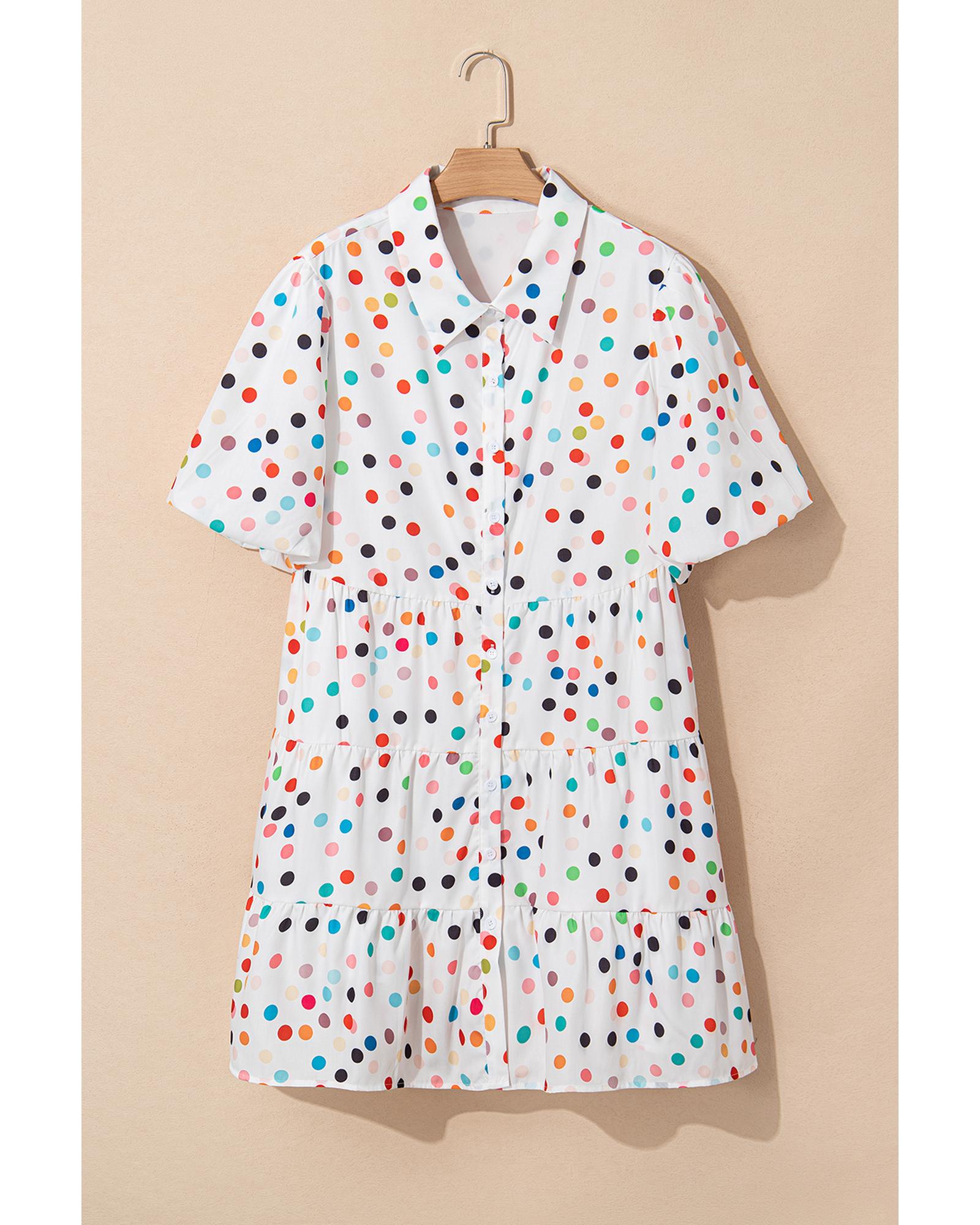White Polka Dot Print Bubble Sleeve Button Up Plus Size Shirt Dress - 4X 6