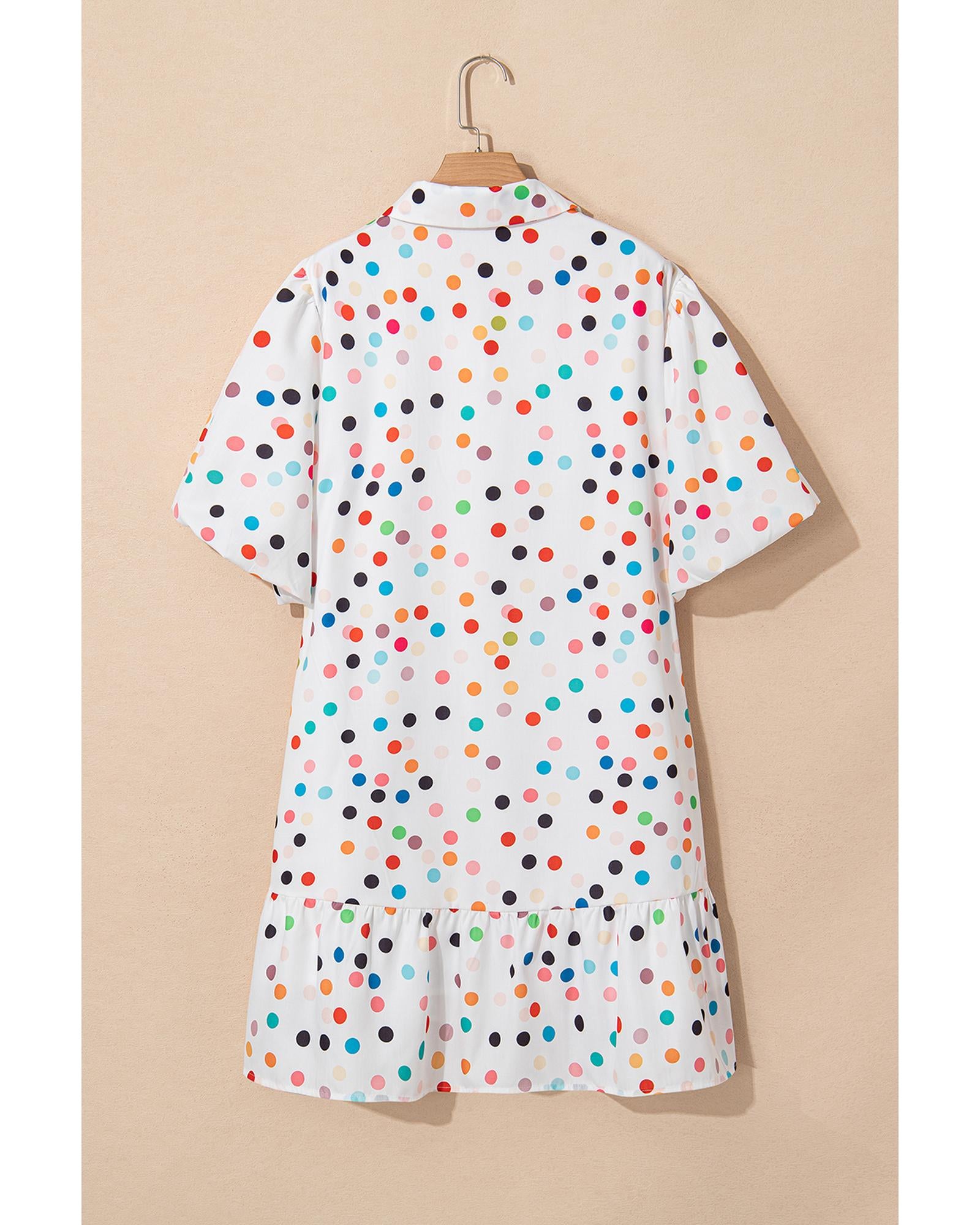 White Polka Dot Print Bubble Sleeve Button Up Plus Size Shirt Dress - 4X 7