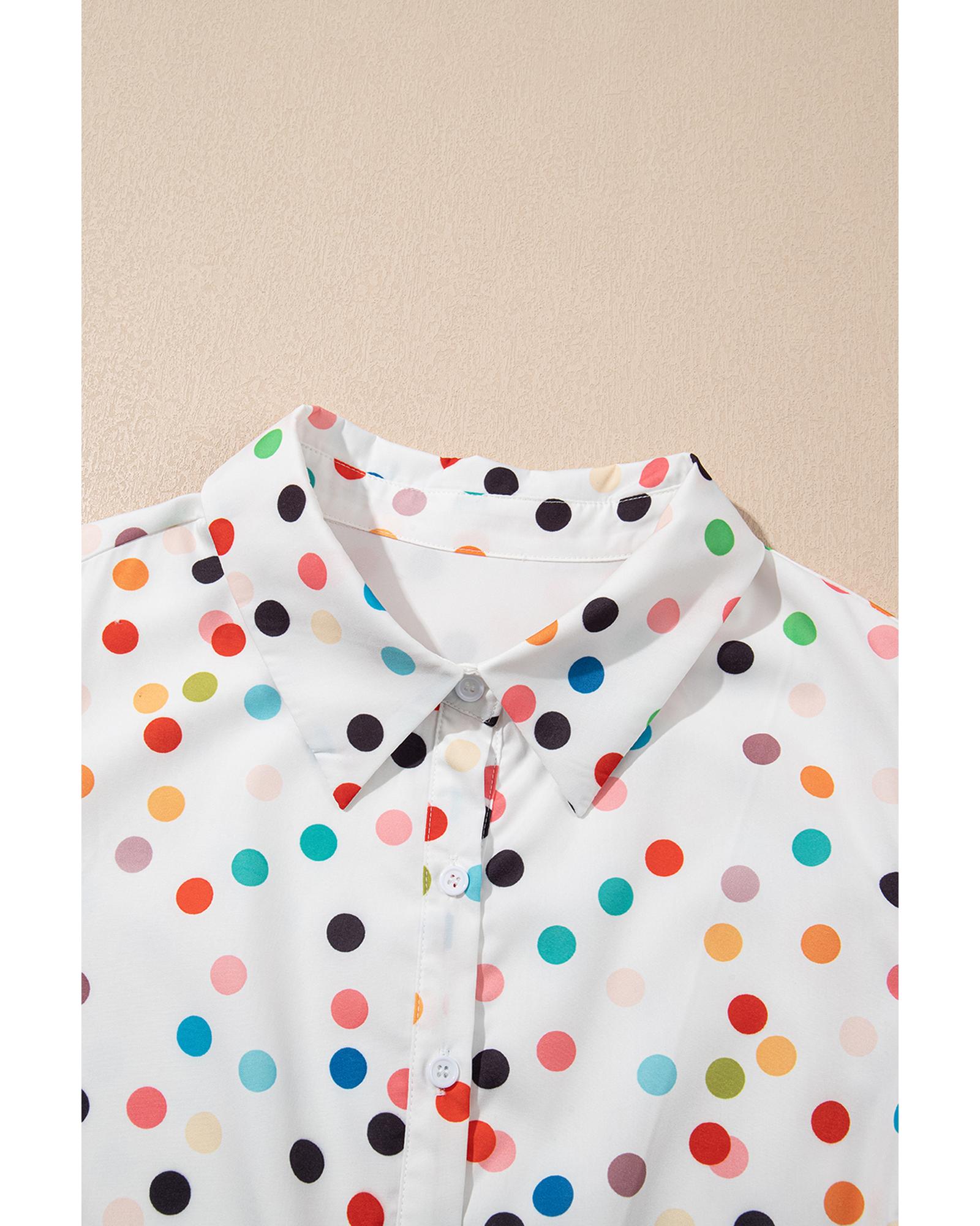 White Polka Dot Print Bubble Sleeve Button Up Plus Size Shirt Dress - 4X 8