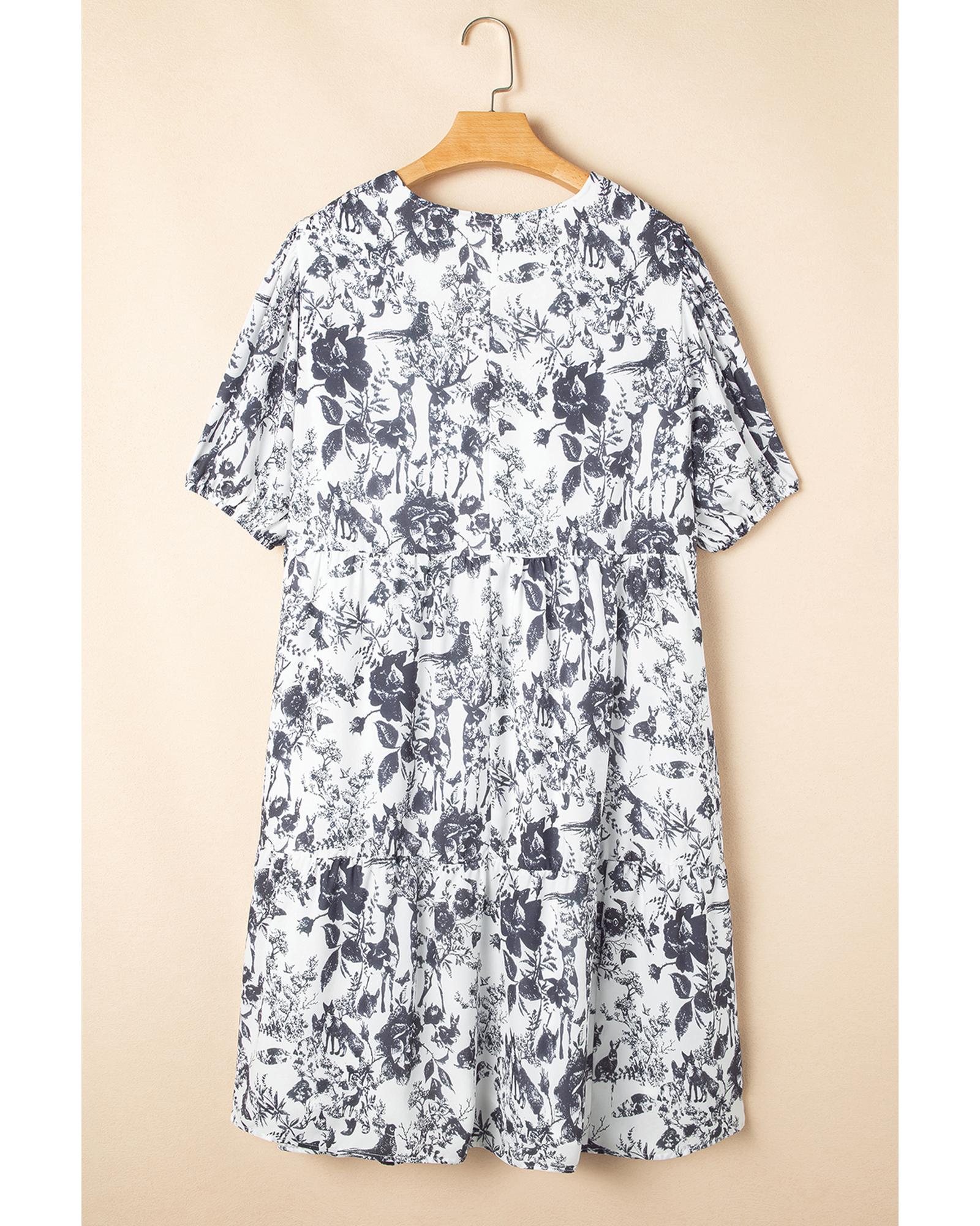 Black Floral Print Bow Detail Puff Sleeve Plus Size Midi Dress - 1X 5