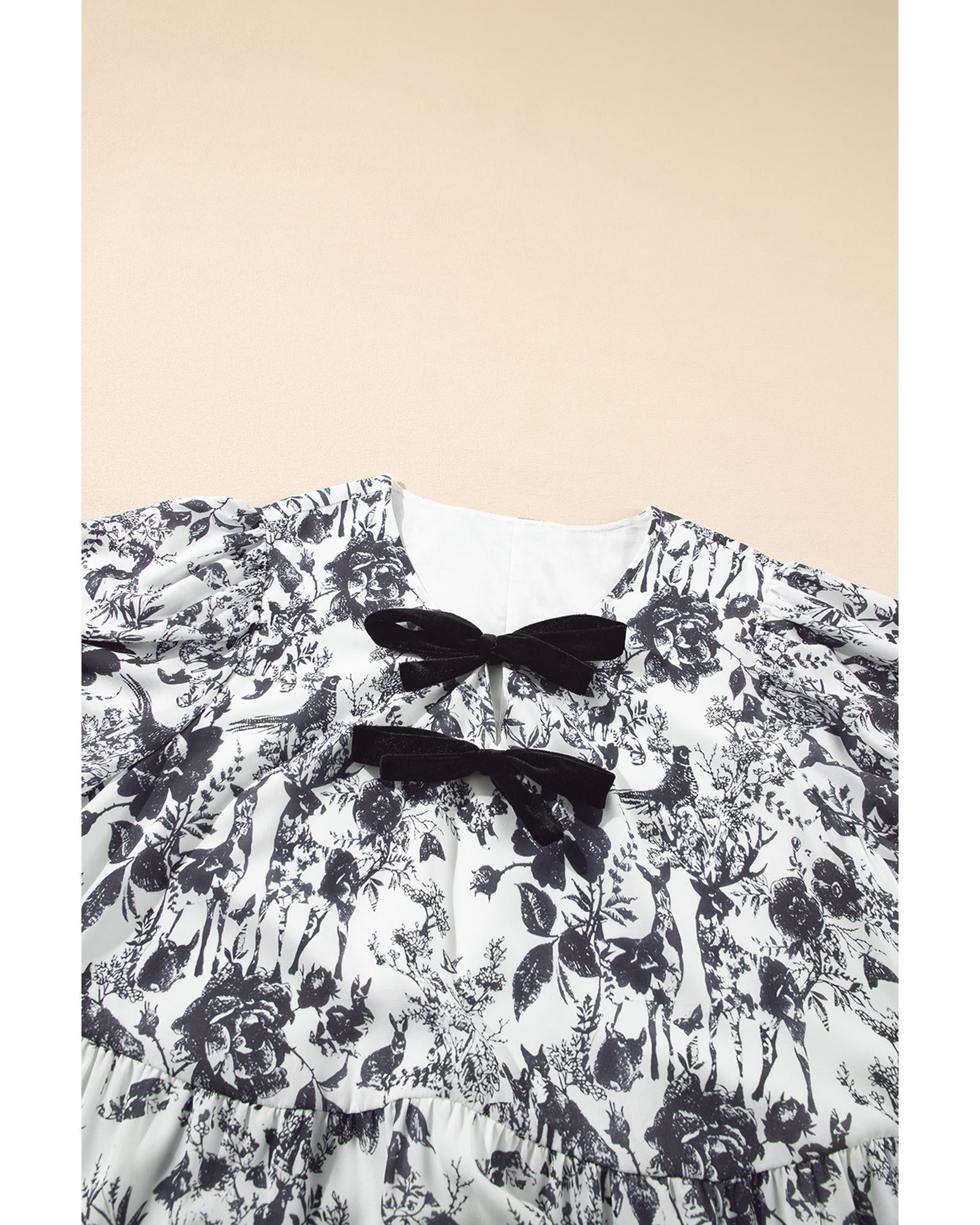 Black Floral Print Bow Detail Puff Sleeve Plus Size Midi Dress - 1X 8